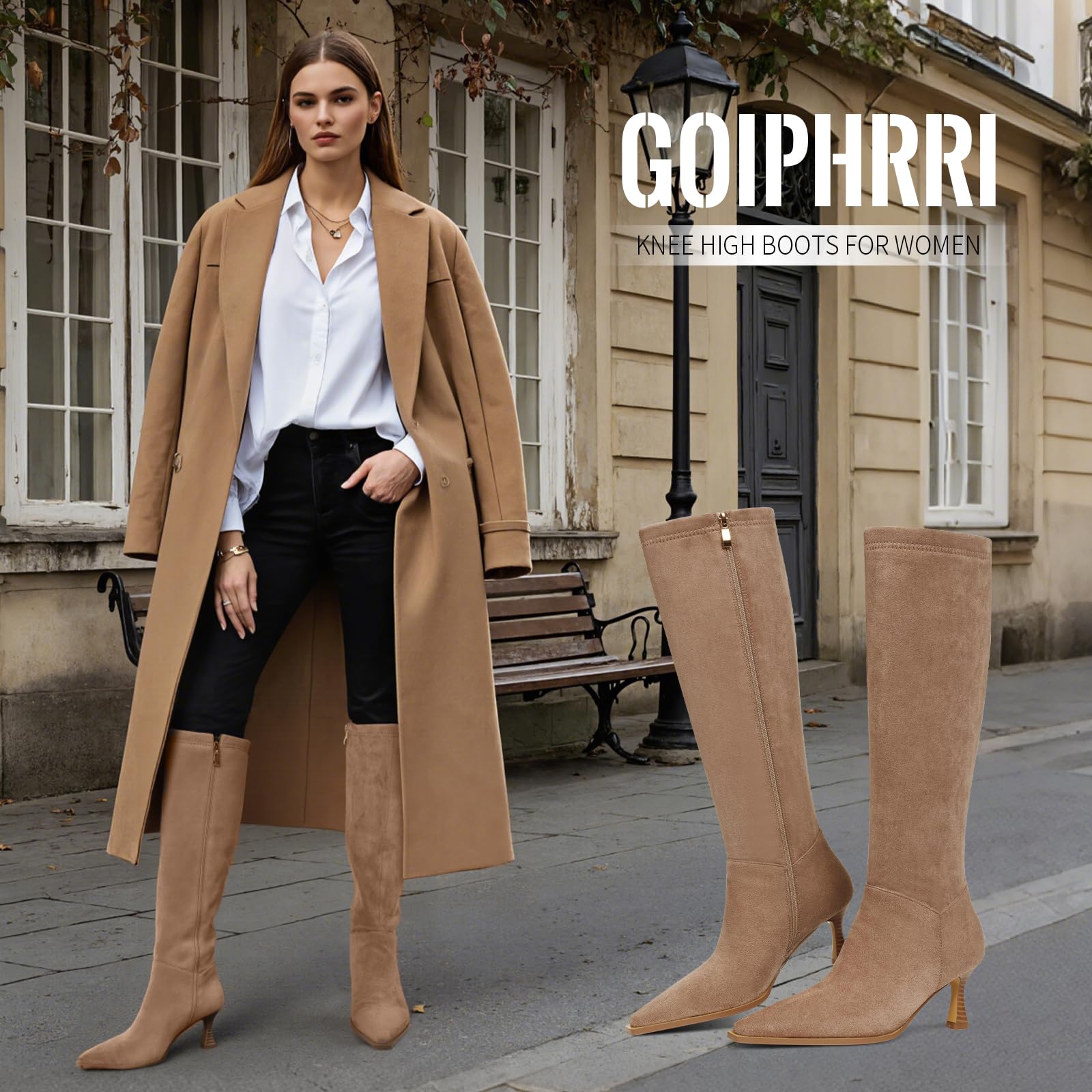 Goiphrri Knee High Boots for Women Elastic Wide Calf Kitten Heel Boots with Side Zipper Suede Brown Pointed Toe Stiletto Boot Shoes Trendy Dress Fall Boot for Women Size 8