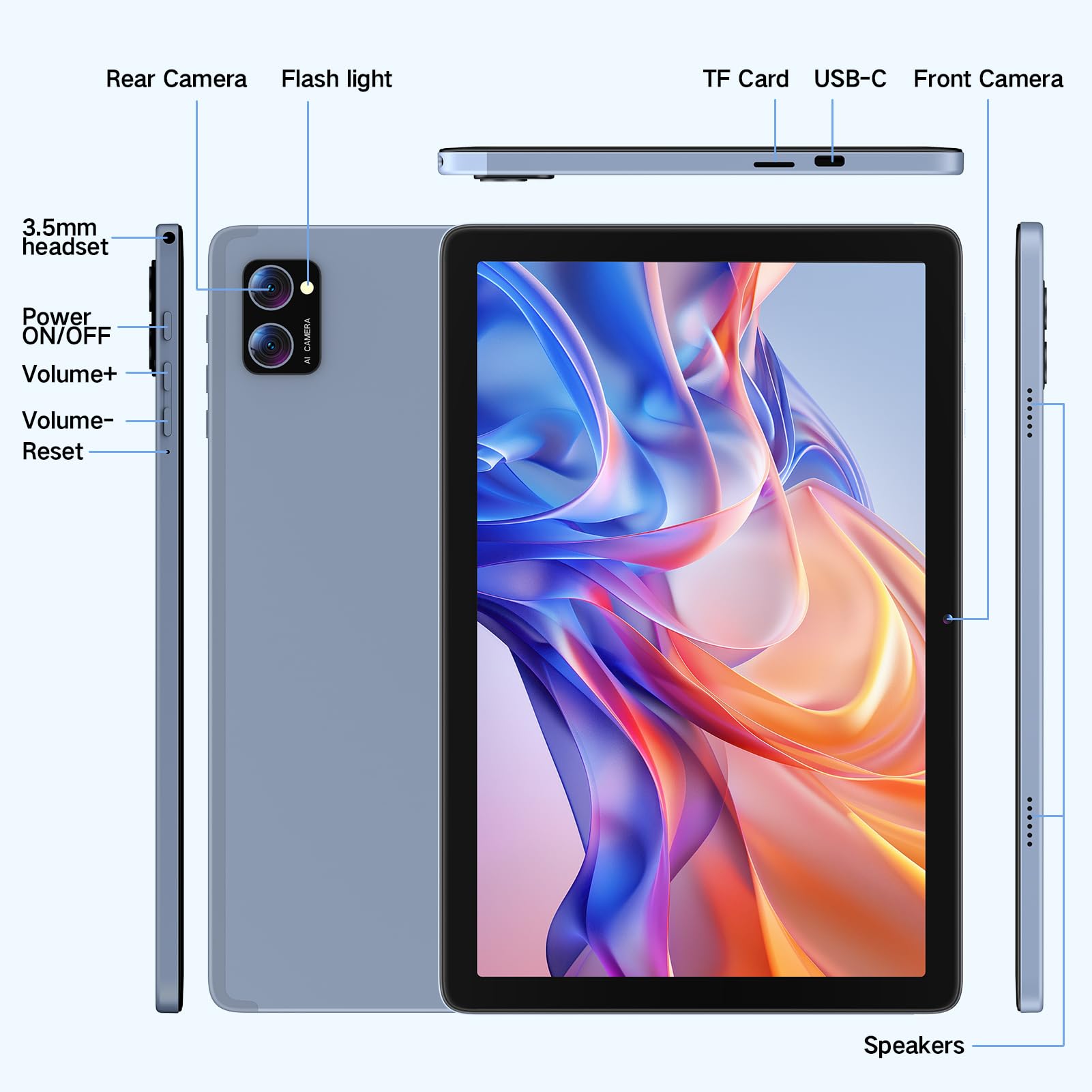 Winsing Tablet, Android 15 Tablets 10 inch with 12GB RAM+128GB Storage+2TB TF Card Expand, Octa-Core, 1280*800 HD Touch Screen Computer Tablet, 8-10H Long-lasting Battery Life,Wi-Fi & BT 5.0,Gray Blue