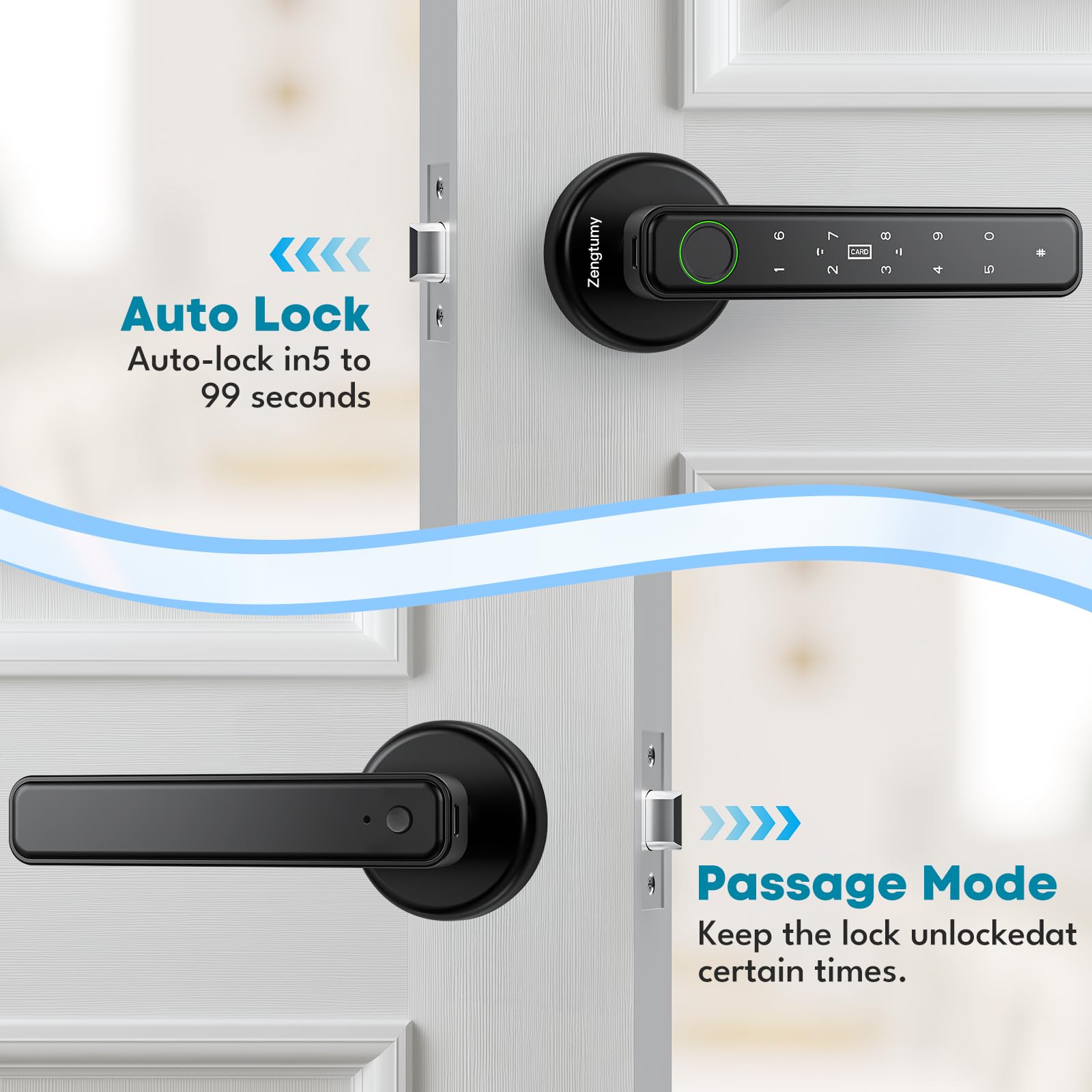 Zengtumy Fingerprint Door Lock, Door Locks for Bedrooms, Biometric Door Lock with Fingerprint/Password/Key/IC Card-Smart Door Lock for Home, Hotel, Office, Apartment