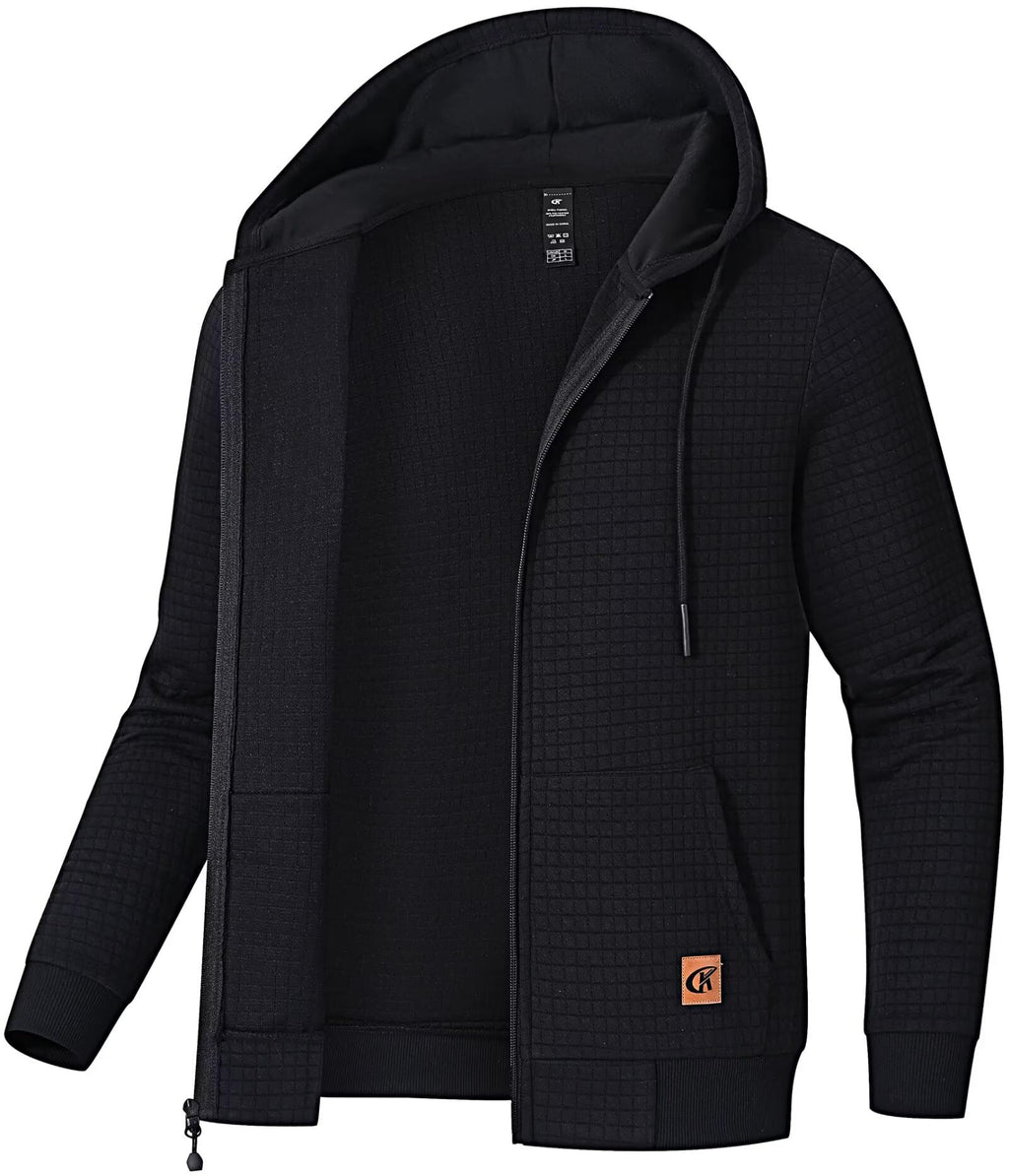 Men's Jacquard PlaidCloth Lightweight Zipper Hoodie Sweatshirt Jacket Black Large