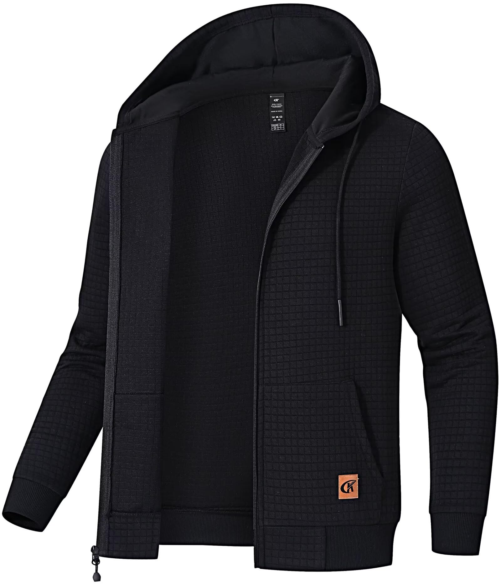 Men's Jacquard PlaidCloth Lightweight Zipper Hoodie Sweatshirt Jacket Black Large