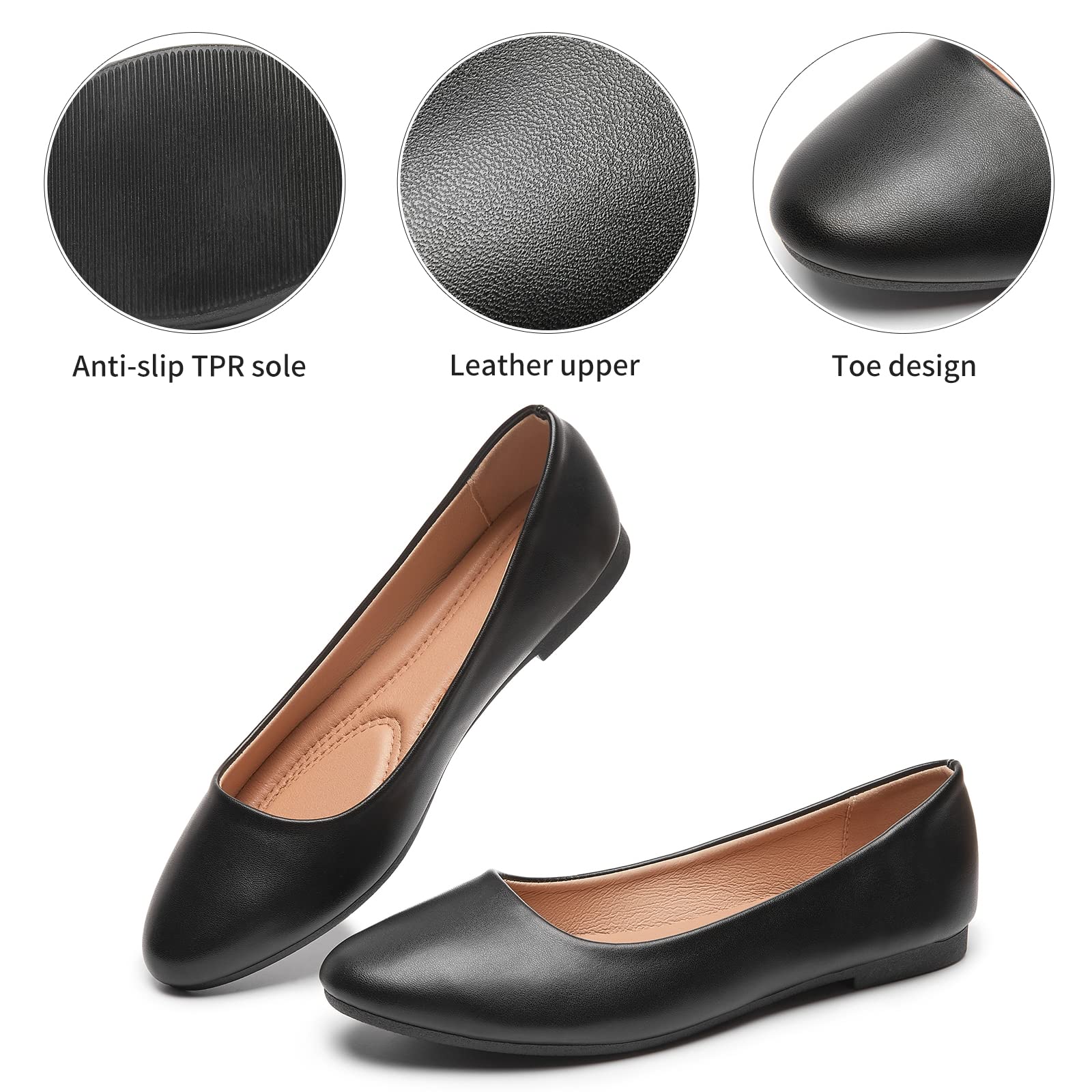 hash bubbie Women's Flats Shoes Ballet Flats Dress Shoes Comfortable PU Leather Slip on Shoes for Women(Black .US8)