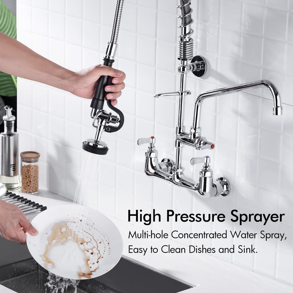 BAGNOLUX Commercial Sink Faucet, 8" Center Wall Mount Base with Pull Out Spray 9.6" Add-on Swing Spout 25" Height, Double Handle Pre Rinse Sprayer Commercial Rv Kitchen Faucet with Ceramic Valve