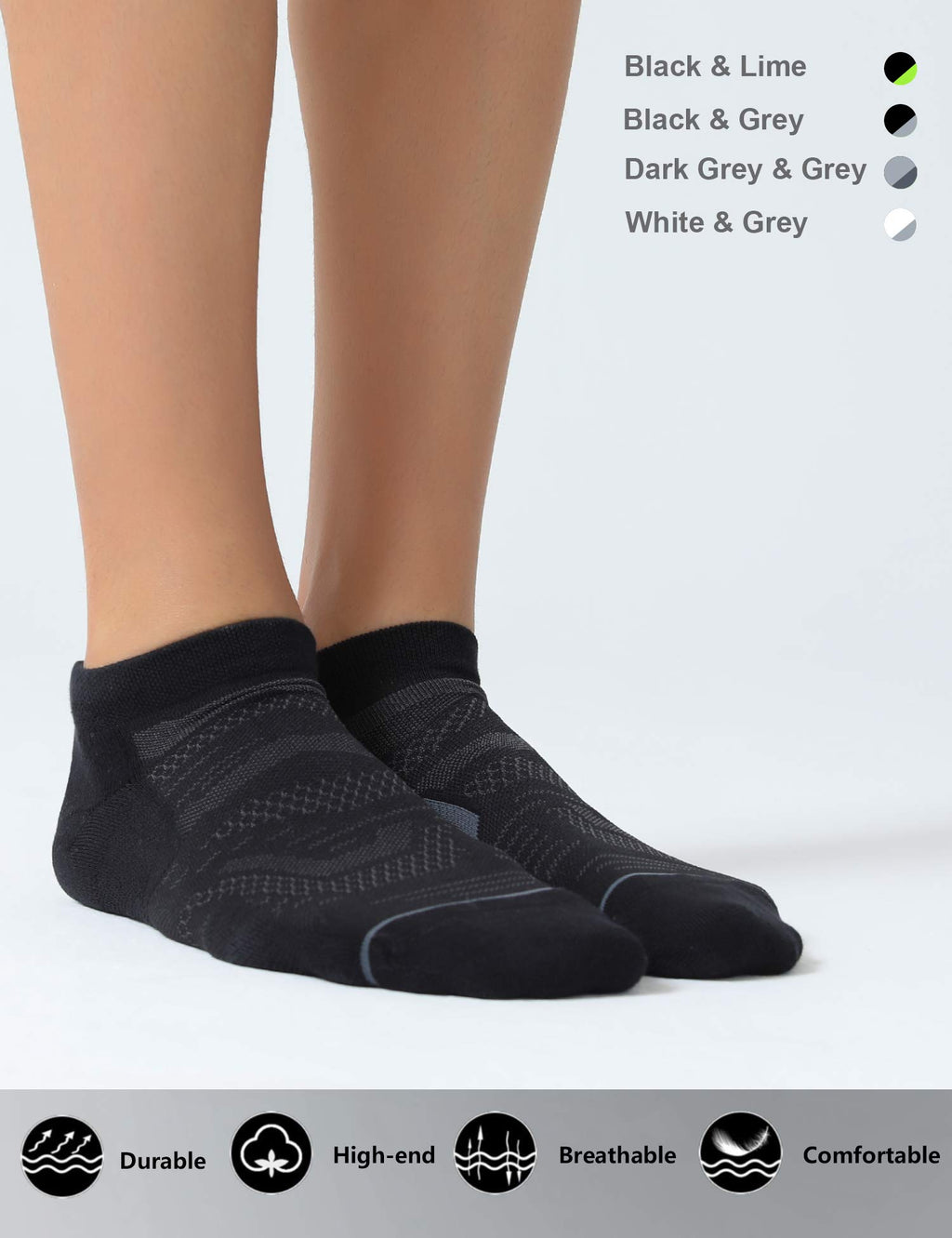 CelerSport 6 Pack Men's Running Ankle Socks with Cushion, Low Cut Athletic Tab Socks, Black + Grey, Large