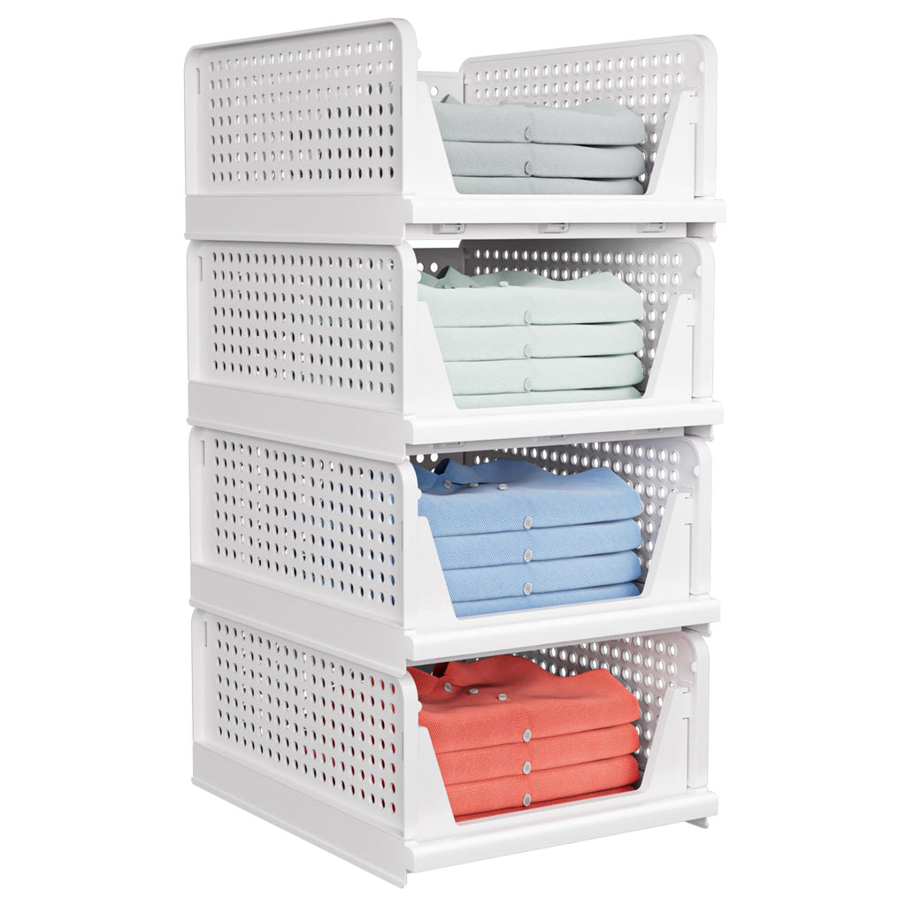 4 Pack Stackable Closet Storage Basket - Stackable Storage Bins, Multifunctional & Foldable Closet Organizer, Wardrobe Cupboard Space-Saving Clothes Storage Hat Organizer, White