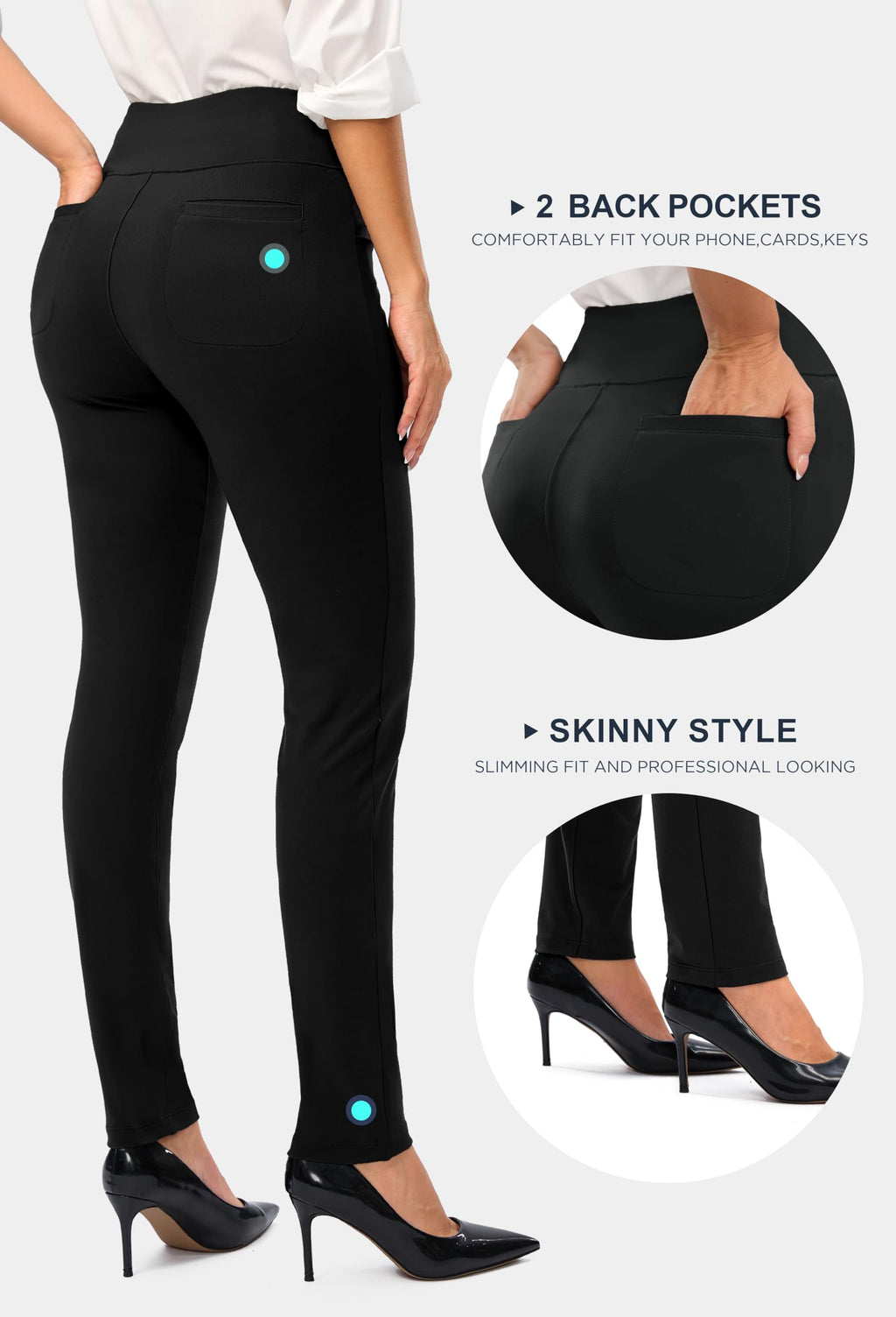 Rammus Womens Dress Pants Tummy Control Stretchy Work Pants for Women Skinny Pull On High Waisted Slacks Business Casual black/27 L