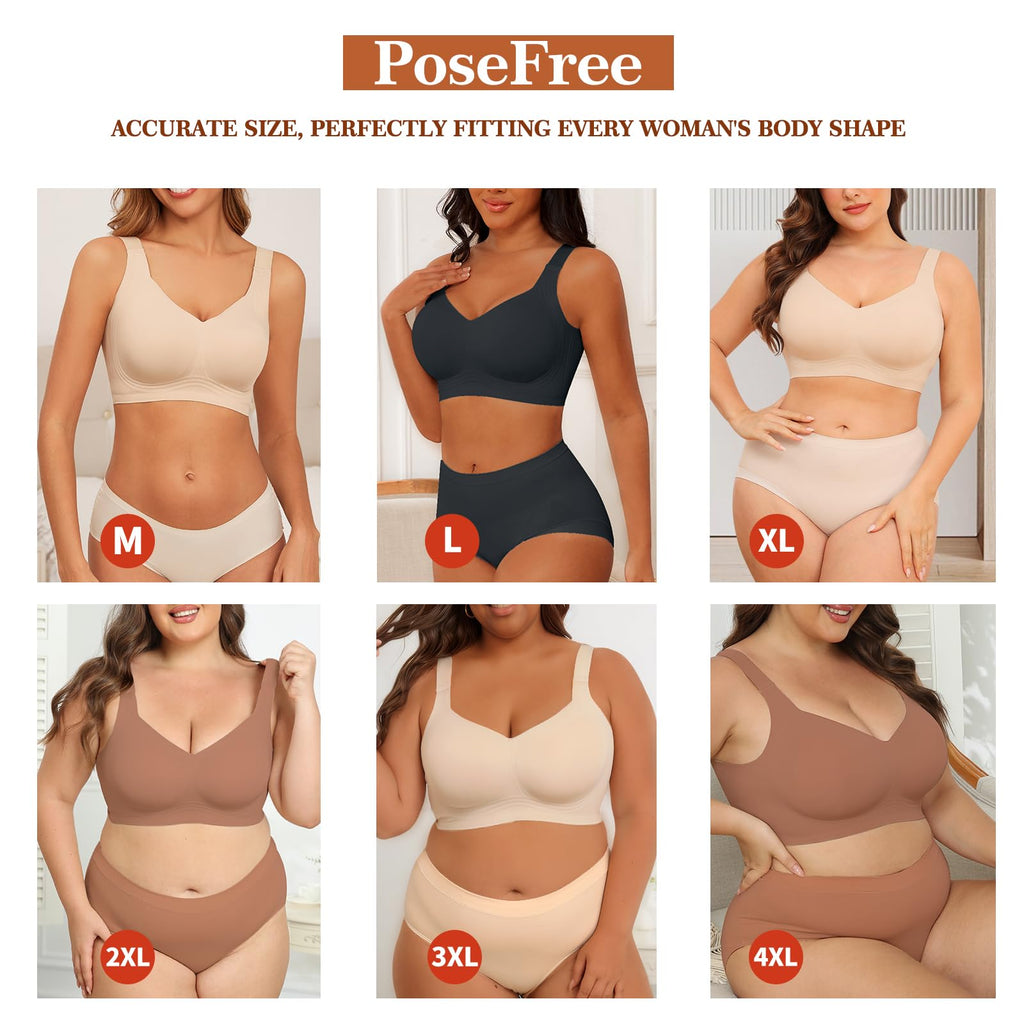 PoseFree Bras for Women No Underwire Full Coverage No Underwire Supportive Seamless Cotton Bralette Plus Size Bras (Black,2XL)