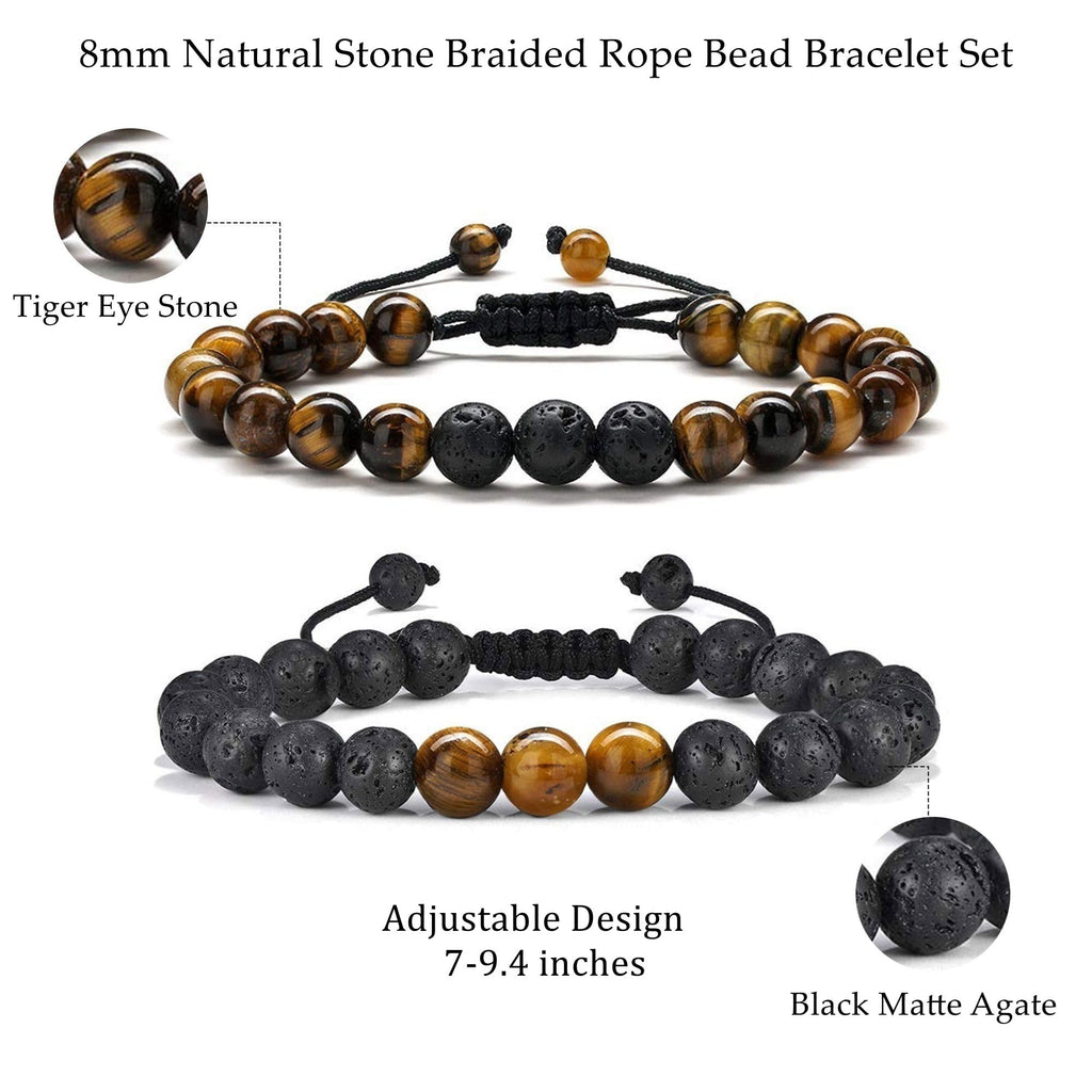 M MOOHAM Bracelets for Mens Gifts - Beaded Natural Tiger Eye Bracelet Black Lava Rock Stone Chakra Mens Anxiety Bracelets Adjustable Aromatherapy Essential Oil Diffuser Healing Dad Gifts