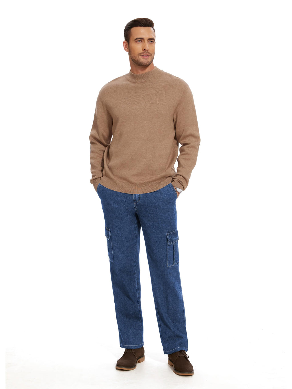 Tapata Short Men's Casual Cargo Pants Relaxed Fit Expandable Elastic Waist Denim Slacks with 6 Pockets Belt Loop Jeans, Blue, 36W x 28L