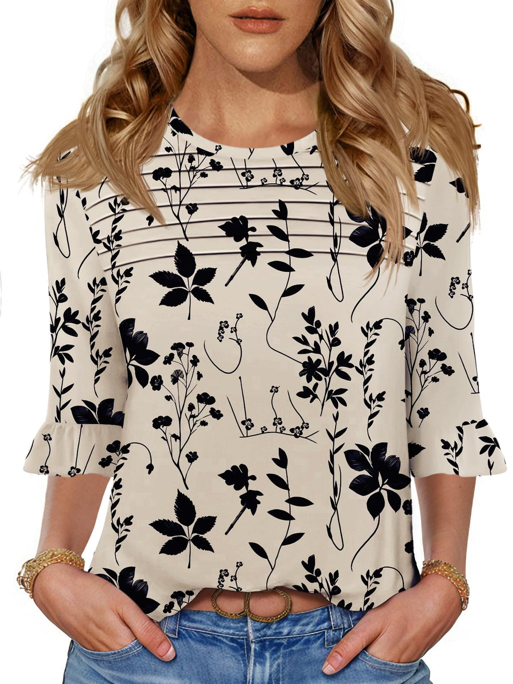 Blingfit Womens 3/4 Sleeve Floral Blouses Shirts for Women Trendy Ruffle Dress Shirts Lightweight Tunics Business Casual Work Tops Large