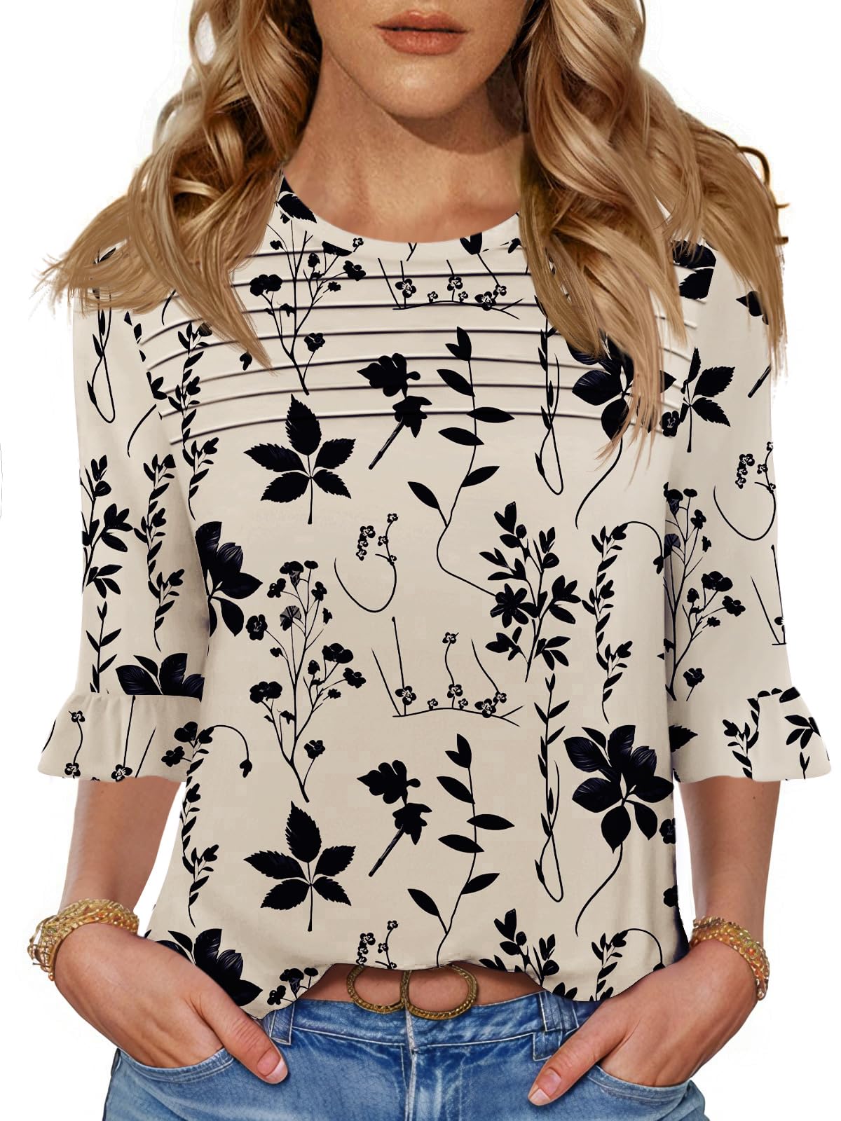 Blingfit Womens 3/4 Sleeve Floral Blouses Shirts for Women Trendy Ruffle Dress Shirts Lightweight Tunics Business Casual Work Tops Large