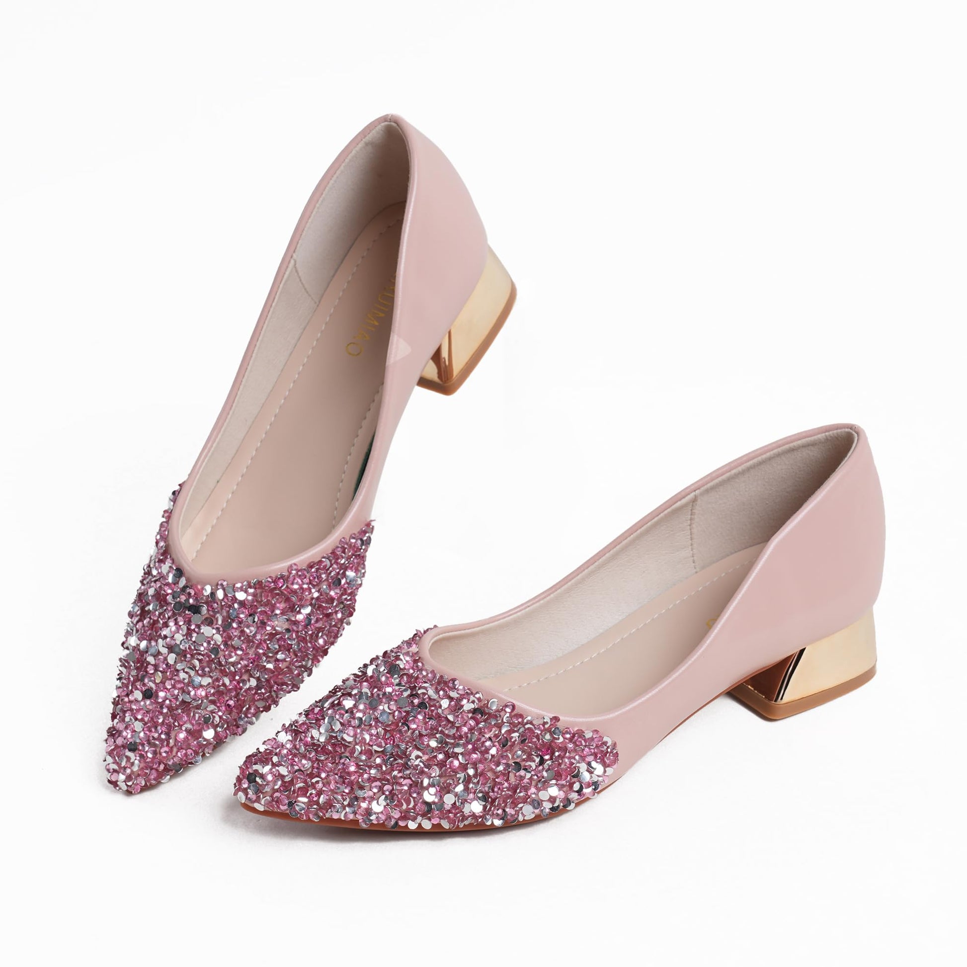 YQRUIMIAO Pink Women's Pumps, Closed Toe Chunky Heels for Women, Comfortable Work Pumps Shoes, Pointed Toe Rhinestones Dress Wedding Pumps for Women Size - 9