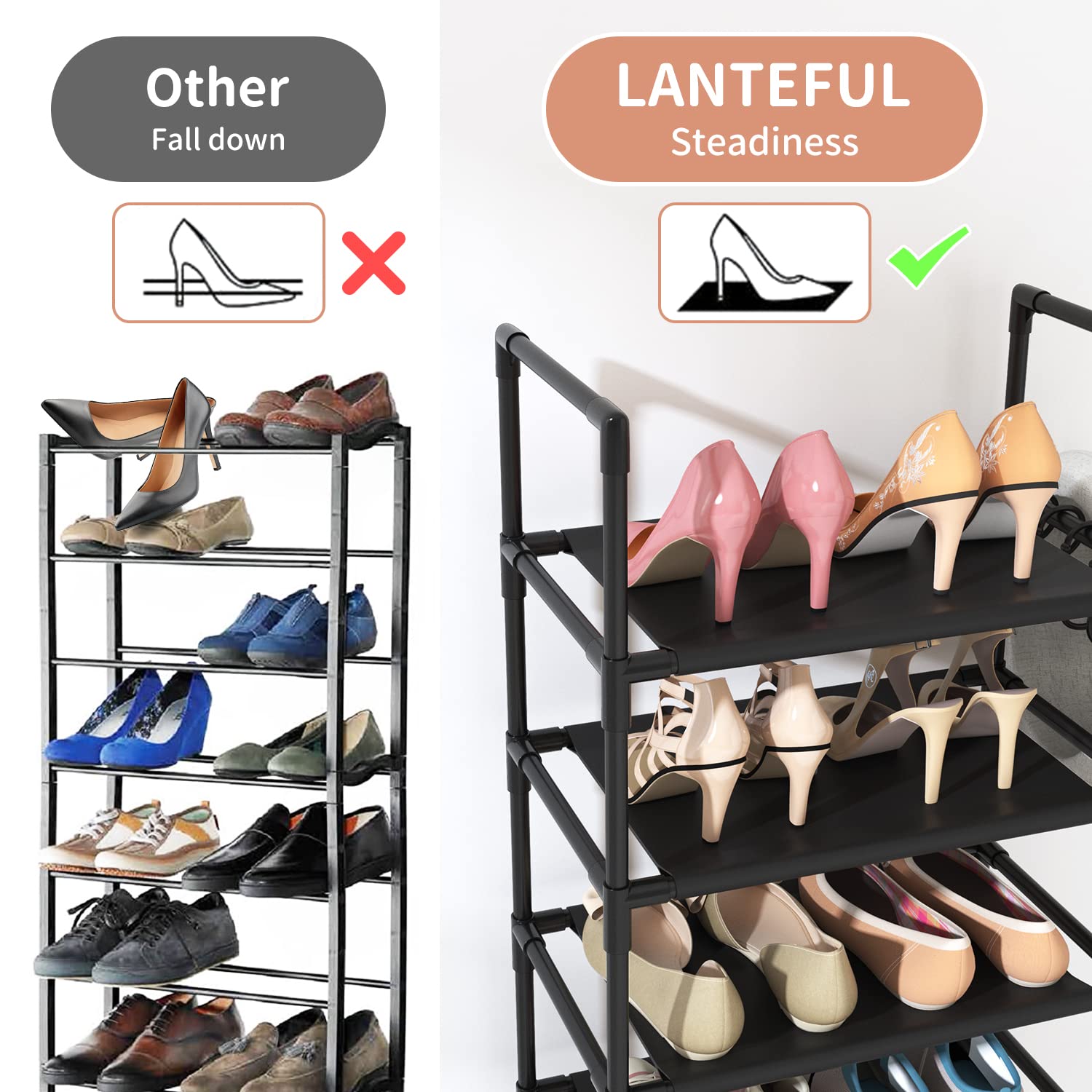 LANTEFUL 10 Tiers Tall Shoe Rack 20-25 Pairs Boots Organizer Storage Sturdy Narrow Shoe Shelf for Entryway, Closets with Hooks, Black