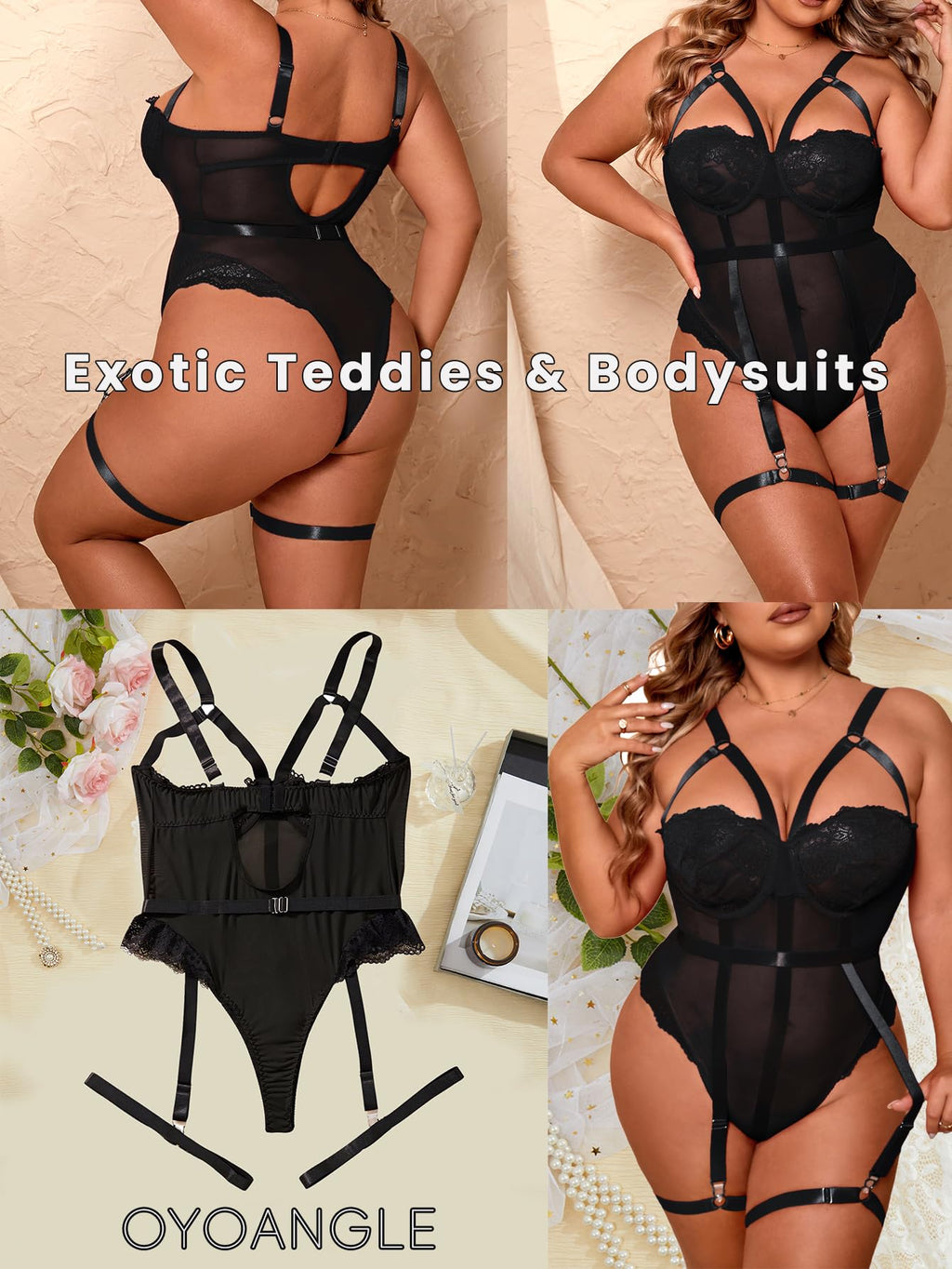 OYOANGLE Women's Plus Size Ring Linked Cut Out Sheer Mesh Teddy Bodysuit Garter Lingerie Set Black 3XL