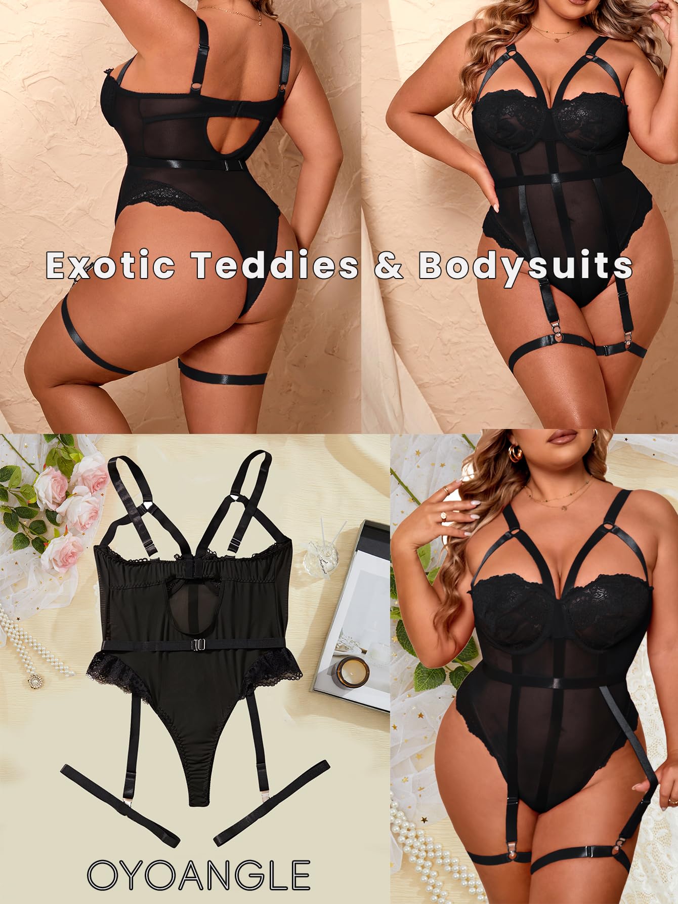 OYOANGLE Women's Plus Size Ring Linked Cut Out Sheer Mesh Teddy Bodysuit Garter Lingerie Set Black 3XL