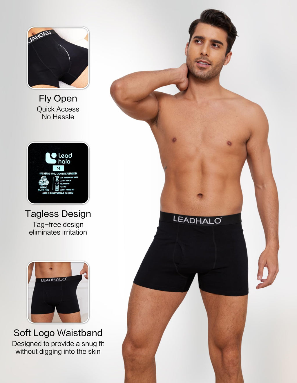 LEADHALO Merino Wool Mens Underwear, Mens Boxer Briefs Moisture Wicking Breathable with fly, Compression Boxers for Man for Athletic Sport Workout 3 Pack M