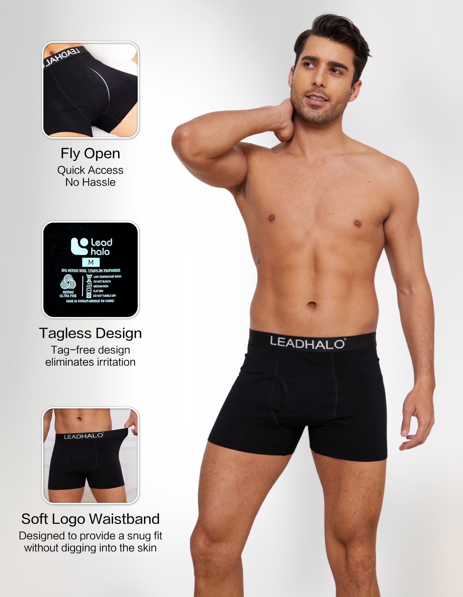 LEADHALO Merino Wool Mens Underwear, Mens Boxer Briefs Moisture Wicking Breathable with fly, Compression Boxers for Man for Athletic Sport Workout 3 Pack M