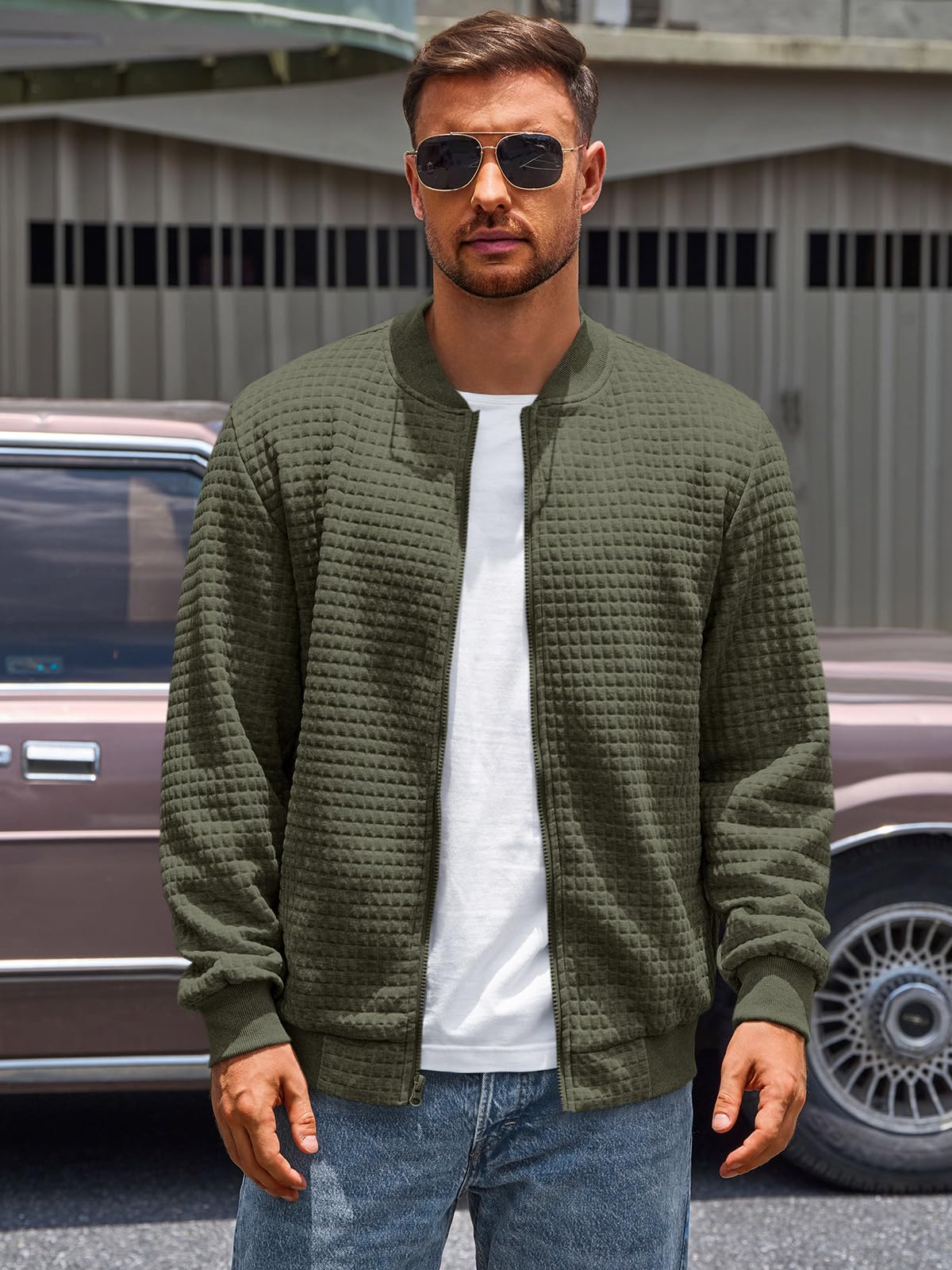 Runcati Mens Bomber Jacket Casual Lightweight Varsity Jackets Waffle Full Zip Coat