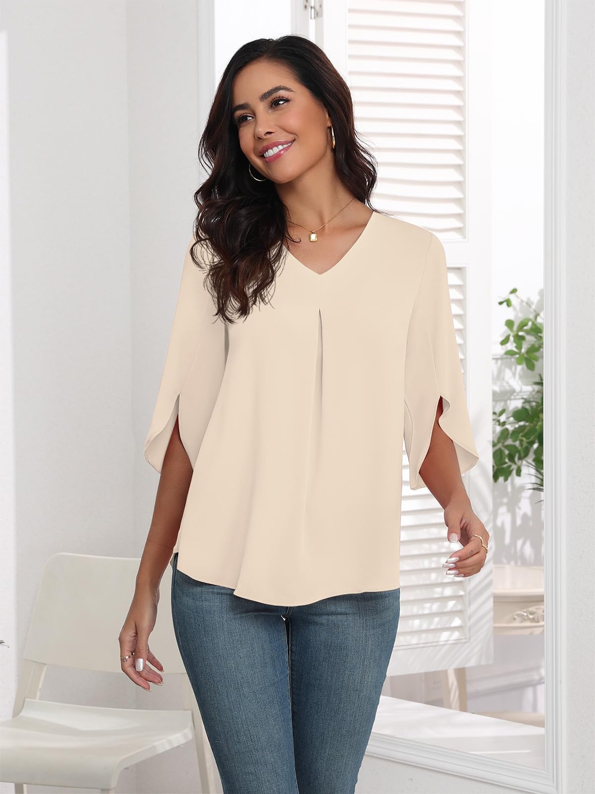 LAOLASI Summer Chiffon Blouses for Women 3/4 Sleeve V Neck Casual Dressy Blouses Work Cute Ladies Tops Shirts,Khaki,XL