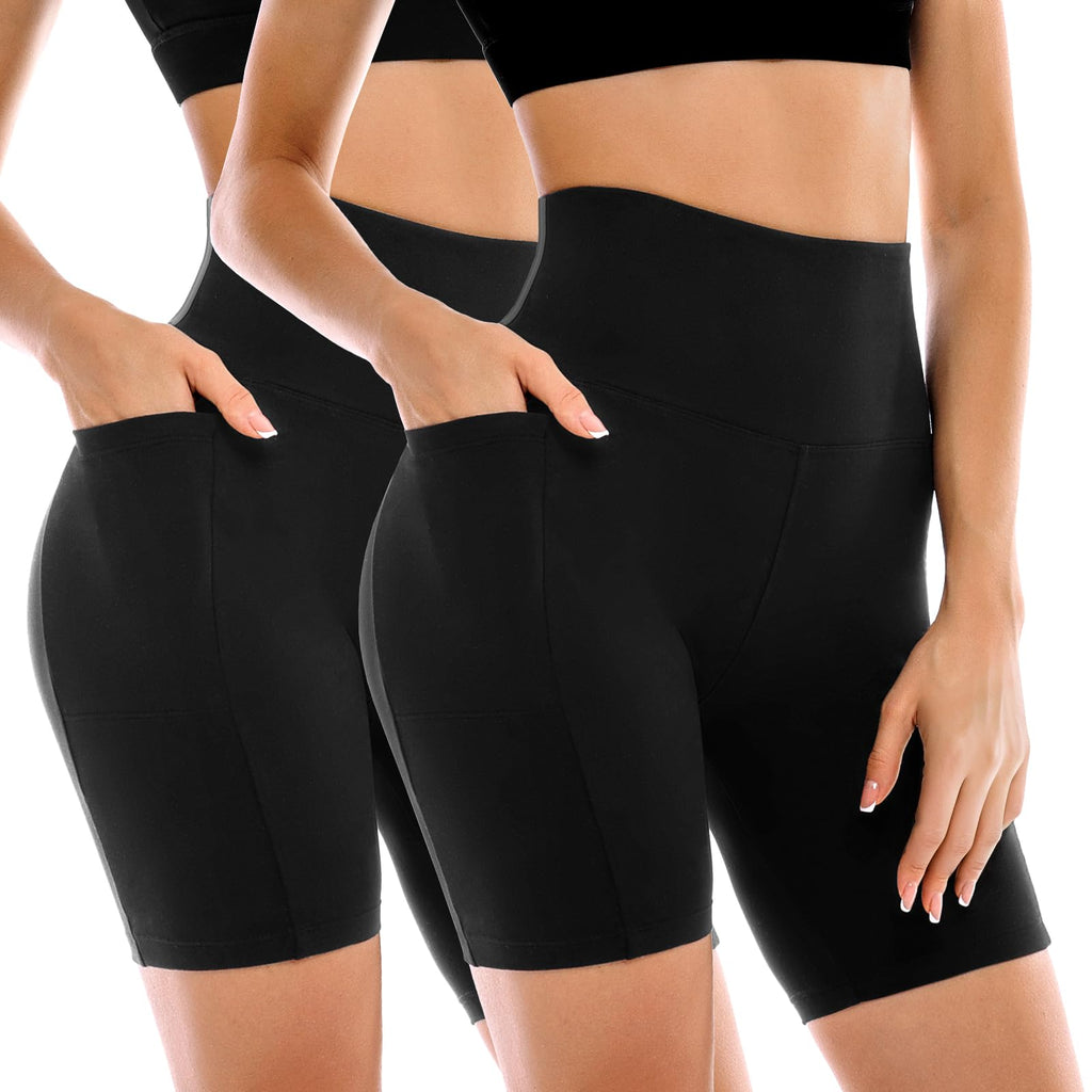 Leafigure 2 Pack Womens Biker Shorts with Pockets, High Waisted Tummy Control Yoga Shorts for Women Running Gym and Workout Black S-M