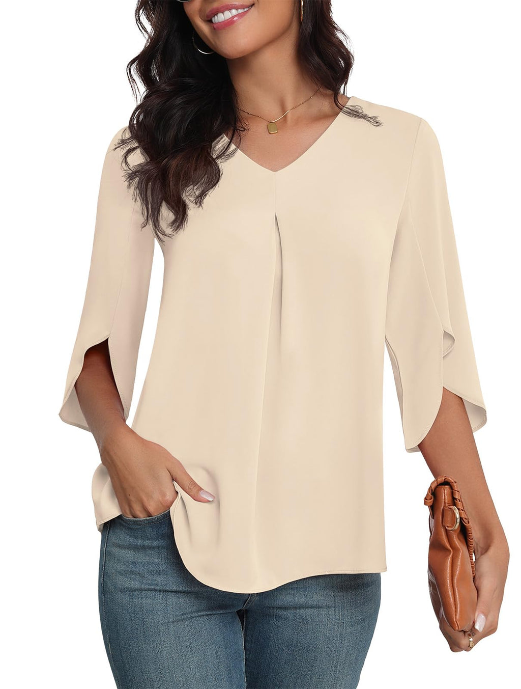 LAOLASI Summer Chiffon Blouses for Women 3/4 Sleeve V Neck Casual Dressy Blouses Work Cute Ladies Tops Shirts,Khaki,XL