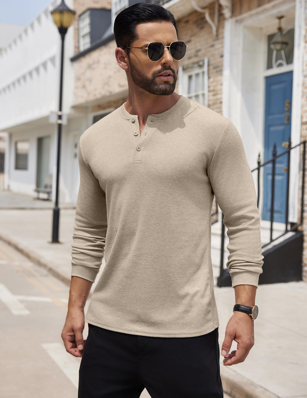 COOFANDY Men's Henley Shirts Long Sleeve Basic Pullover Shirt Lightweight Casual Button T-Shirts Heather Khaki