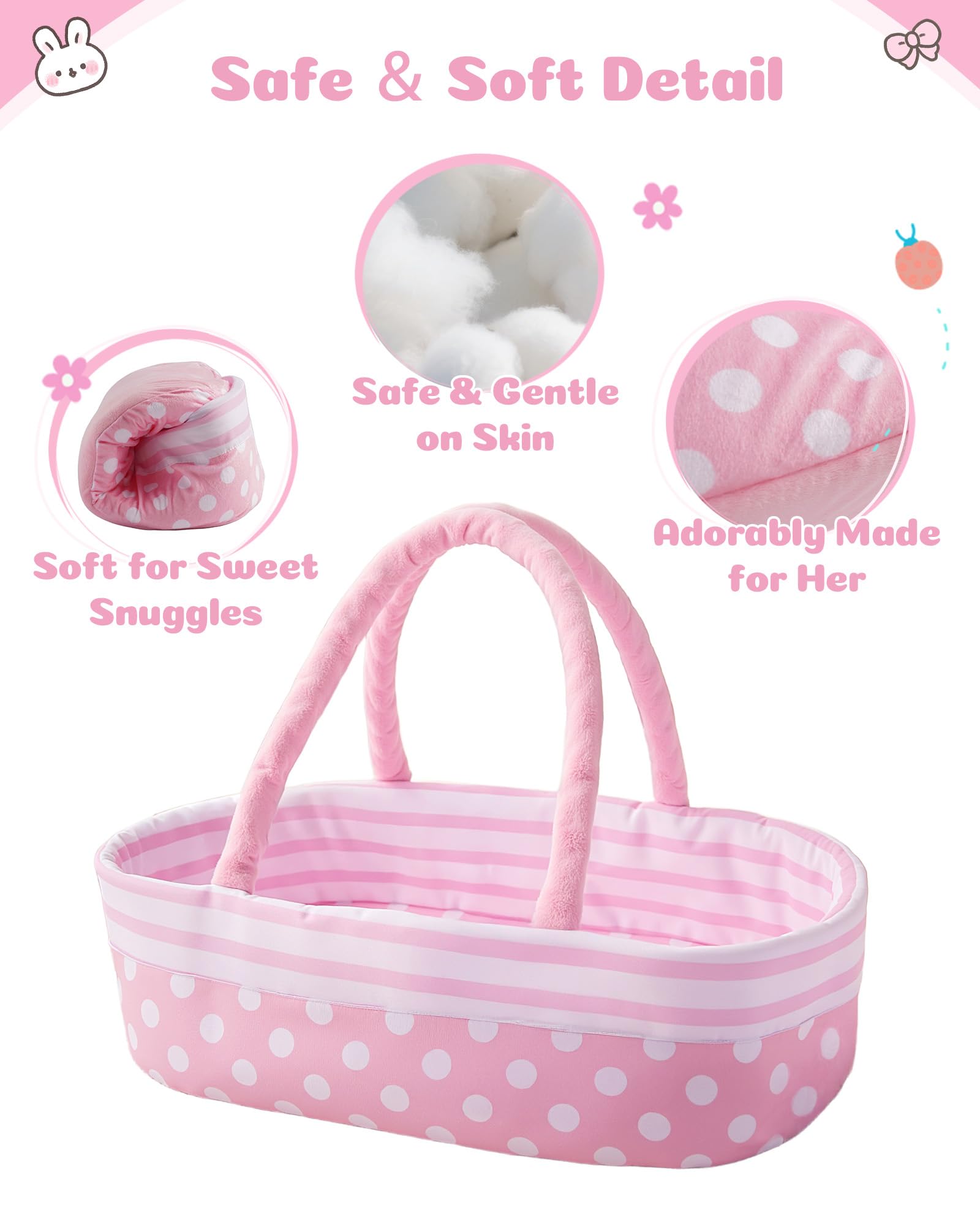 BABESIDE 8 Pcs Baby Doll Accessories, Reborn Baby Dolls Clothes with Bassinet for 17-22 Inch Baby Dolls, Outfit fit Newborn Babies Doll Girl, Babies Pretend Play Set