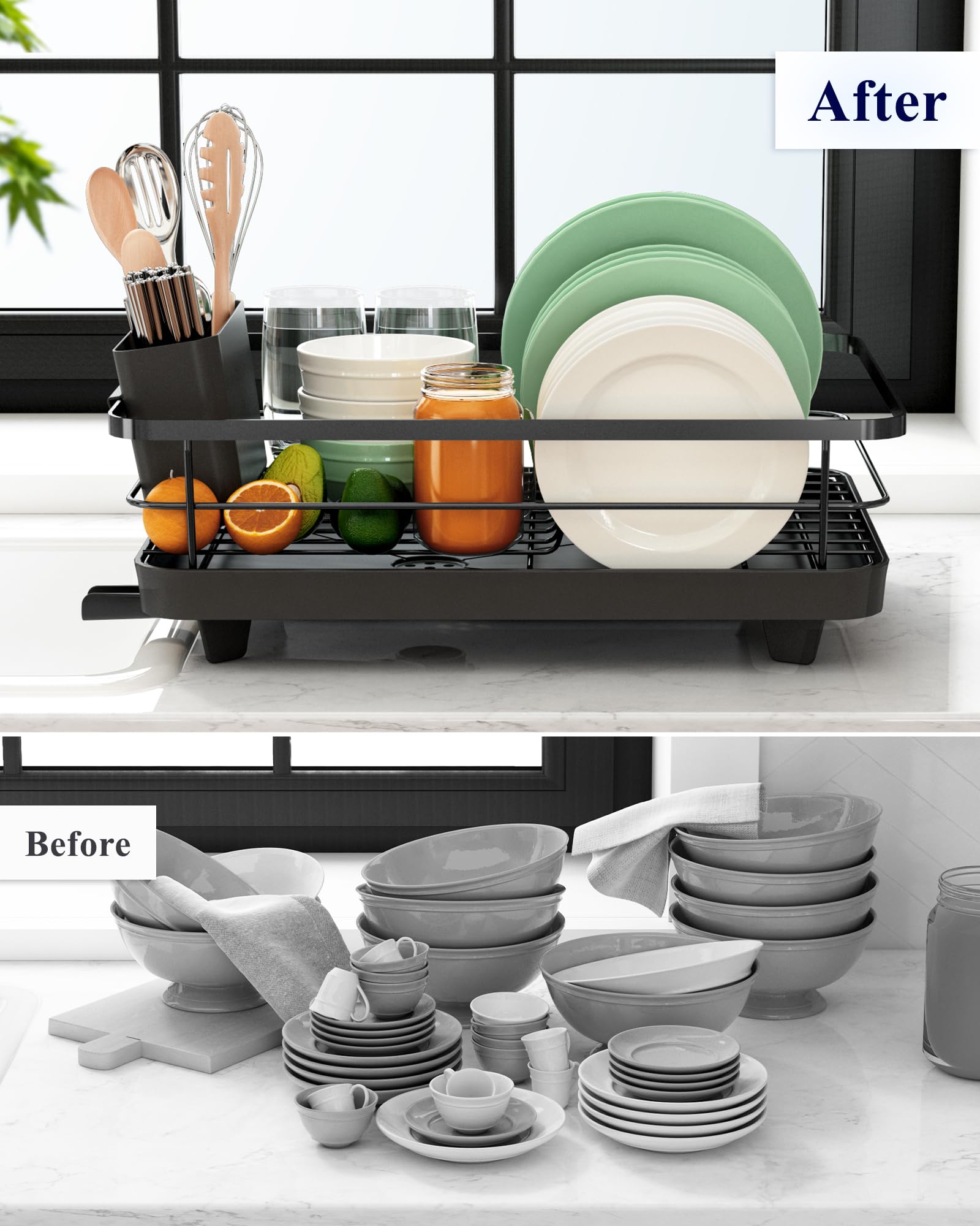 Kitsure Dish Drying Rack for Kitchen Counter, Stainless Steel Sink Organization and Storage Essentials with Cutlery Holder, Home and Appartment Decor, 12''W x 15.5''L, Black