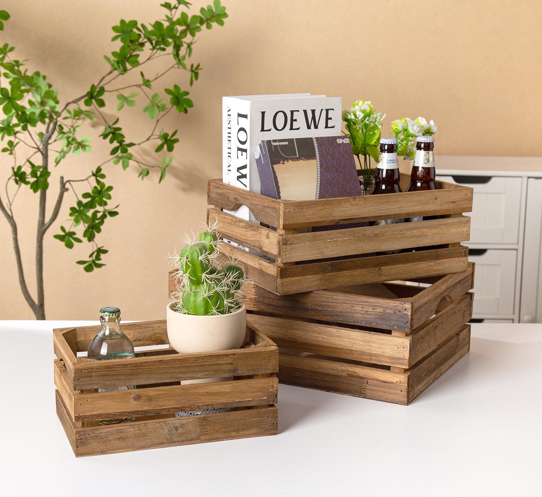 Set of 3 Nesting Wooden Crates, Rustic Wooden Storage Container Boxes with Cutout Handles, Decorative Farmhouse Wood Baskets for Display (Natural)