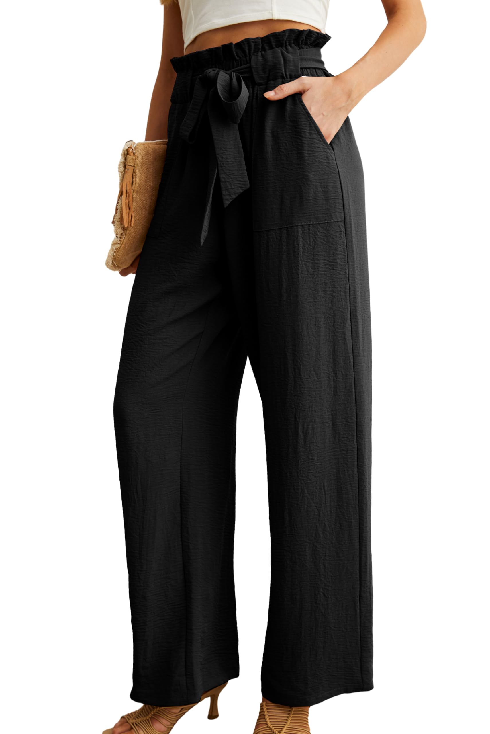 IWOLLENCE Women's Wide Leg Pants with Pockets High Waist Adjustable Knot Loose Casual Trousers Business Work Casual Pants Black Large