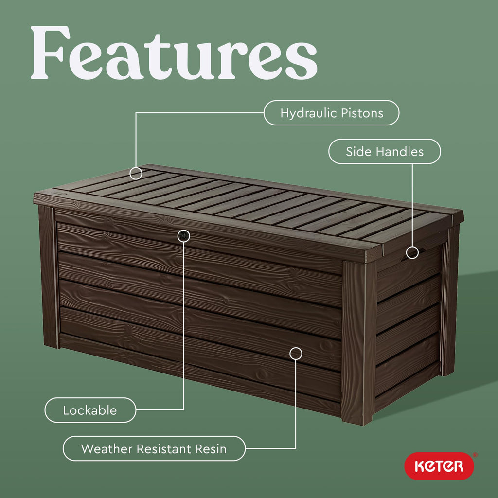 Keter Outdoor Storage Deck Box, 150 Gallon Resin Patio Bin & Bench, Wood Grain, Brown