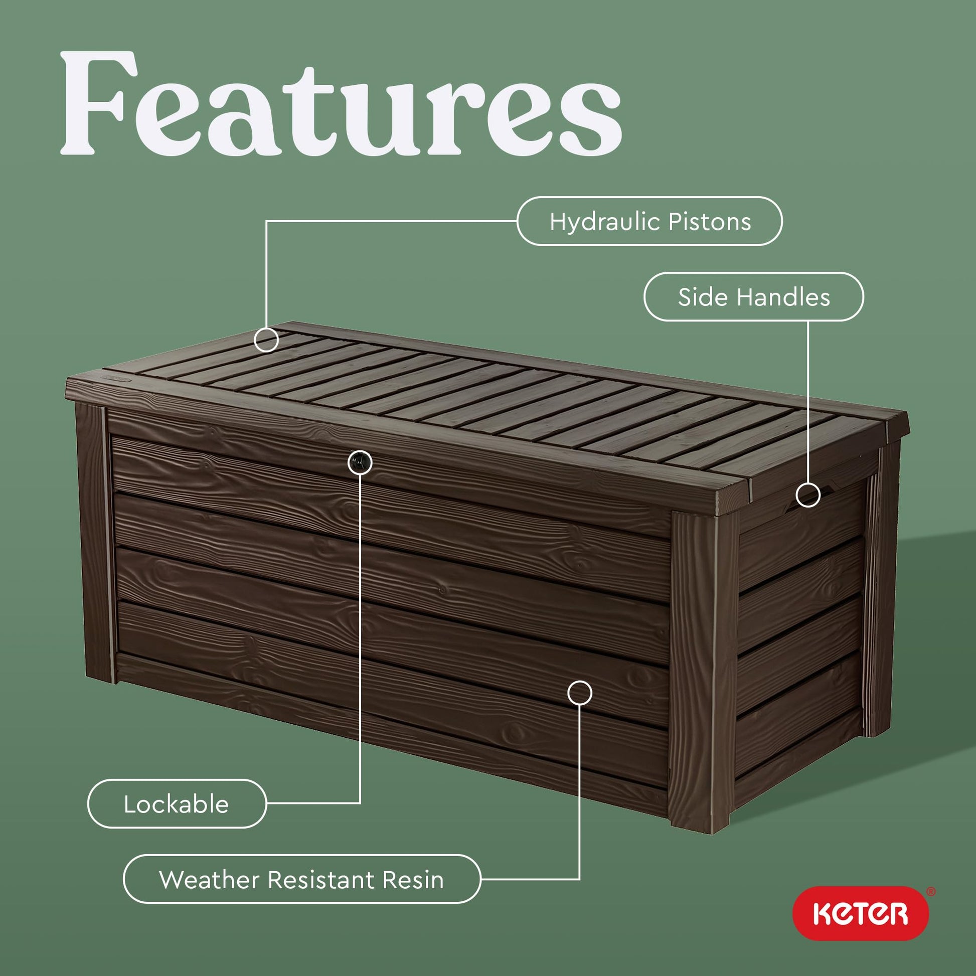 Keter Outdoor Storage Deck Box, 150 Gallon Resin Patio Bin & Bench, Wood Grain, Brown