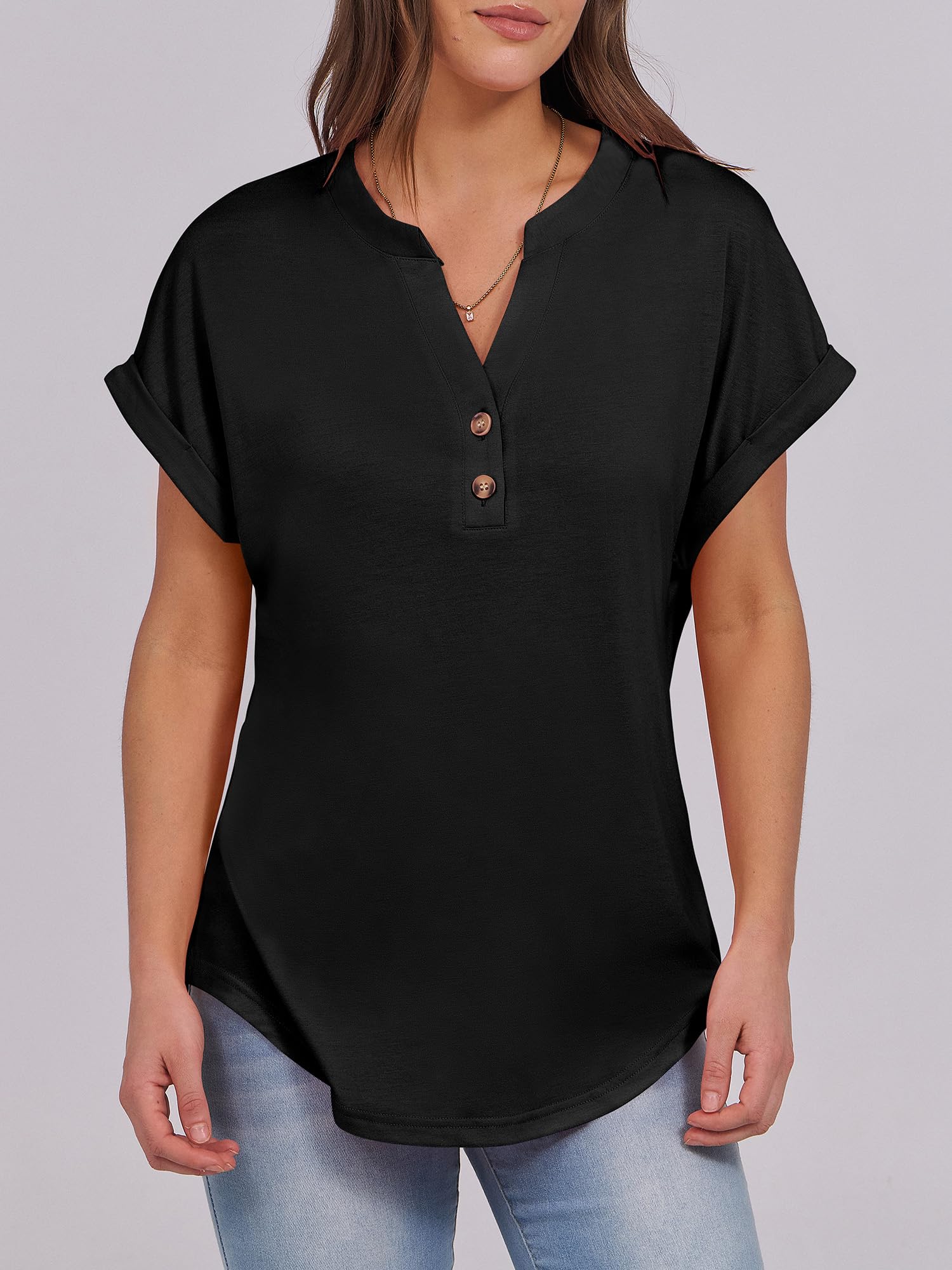 ANRABESS Womens Short Sleeve Henley Tops V Neck Dressy Casual Loose Fit Shirts Summer Flowy Blouses 2025 Trendy Clothes Black XL