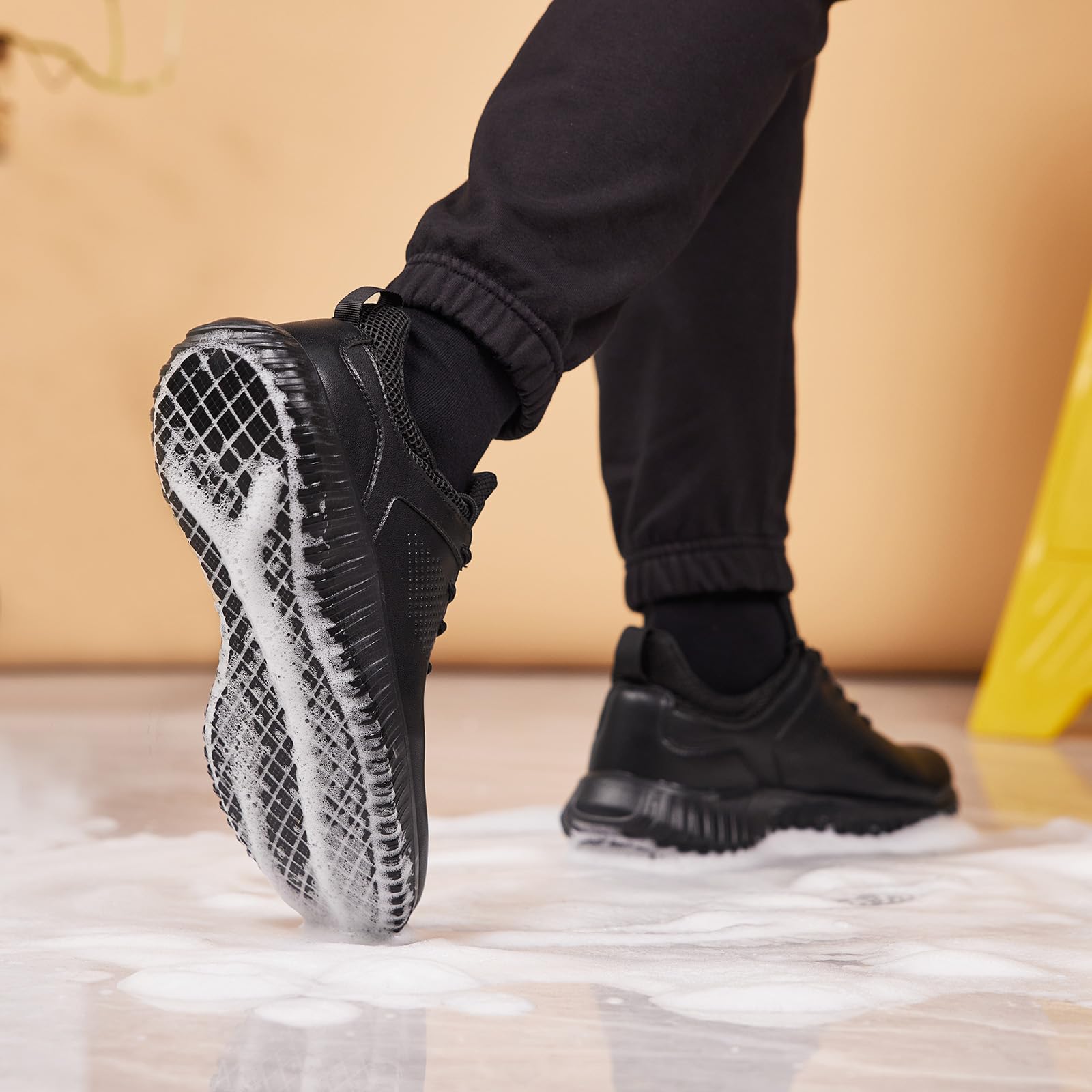 SHULOOK Men's Non Slip Work Shoes Slip On Sneakers Waterproof Food Service Kitchen Chef Restaurant Slip Resistant Walking Shoes Lightweight Comfortable Working Footwear Black Size 9.5