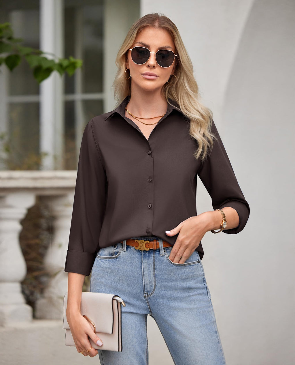 siliteelon Button Down Shirts for Women Wrinkle Free Dress Shirts Long Sleeve Shirts Formal Work Office Blouses Tops Brown