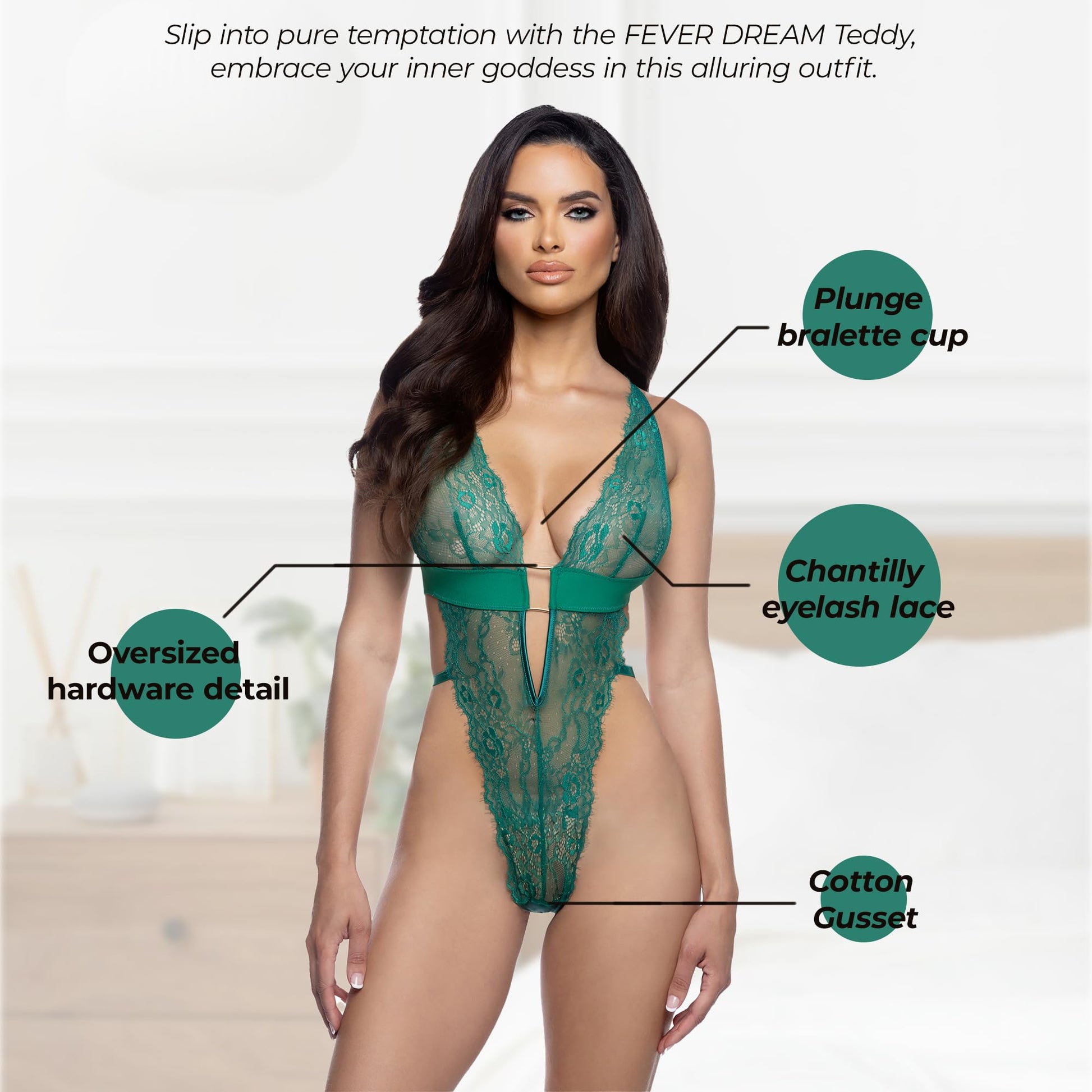 Roma Confidential Lace Teddy Lingerie for Women Fever Dream Sexy Teddy Bodysuit One Piece, Stretch Satin & Lace, Golf Green