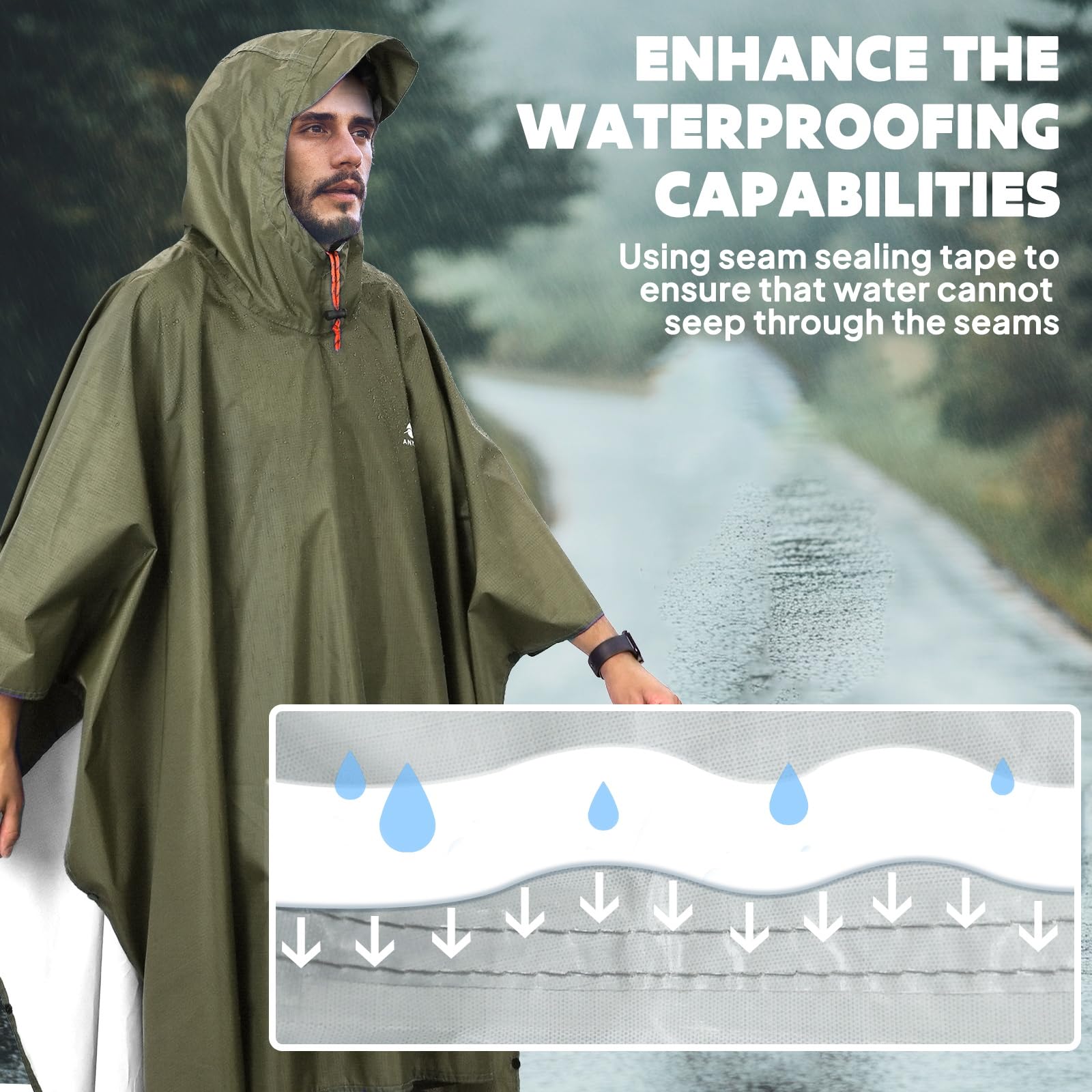 ANYOO Hooded Rain Poncho for Adults Waterproof Lightweight Rain Coats for Men Women Reusable Rain Jacket for Emergency Camping Outdoor Activities(Army Green) One Size