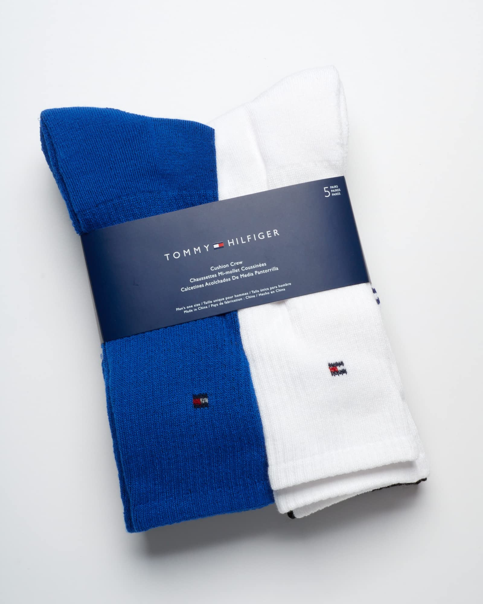 Tommy Hilfiger Men's Athletic Socks - Cushioned Crew Socks (5 Pack), Size 7-12, Blue Logo