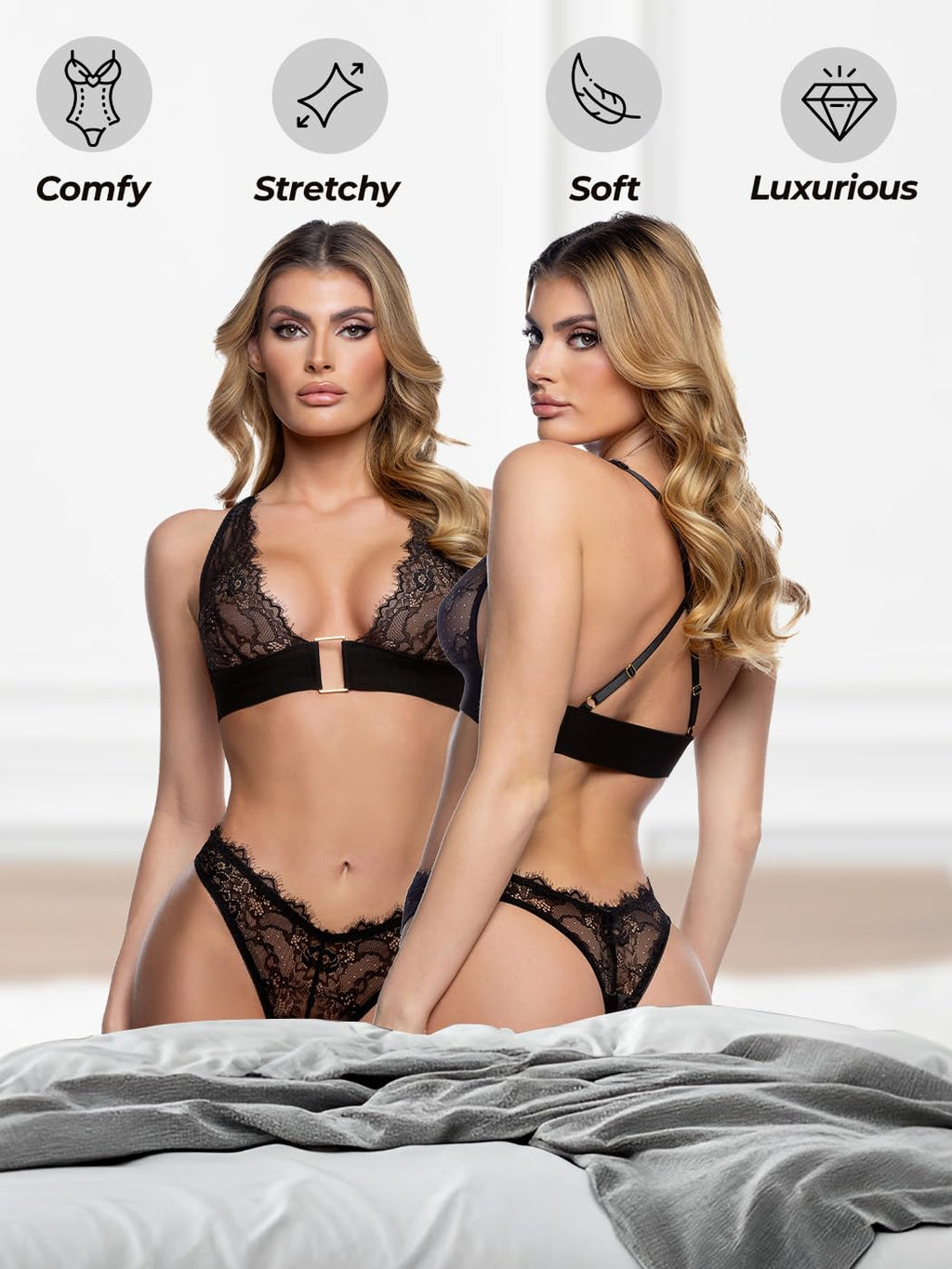 Bra and Panty Sets for Women: Roma Confidential Fever Dream 2 Piece Lace Bralette and Panty in Chantilly Eyelash Lace – Matching Deep Plunge Bra & V-Shape Thong Underwear Sexy Lingerie Set for Women