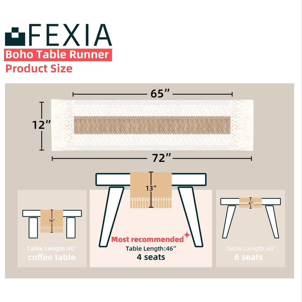FEXIA Boho Table Runner for Fall Home Decor with Tassels 72 Inches Long Farmhouse Rustic Table Runner Macrame Burlap Table Decoration for Living Room Bridal Shower(12x72 Inches)