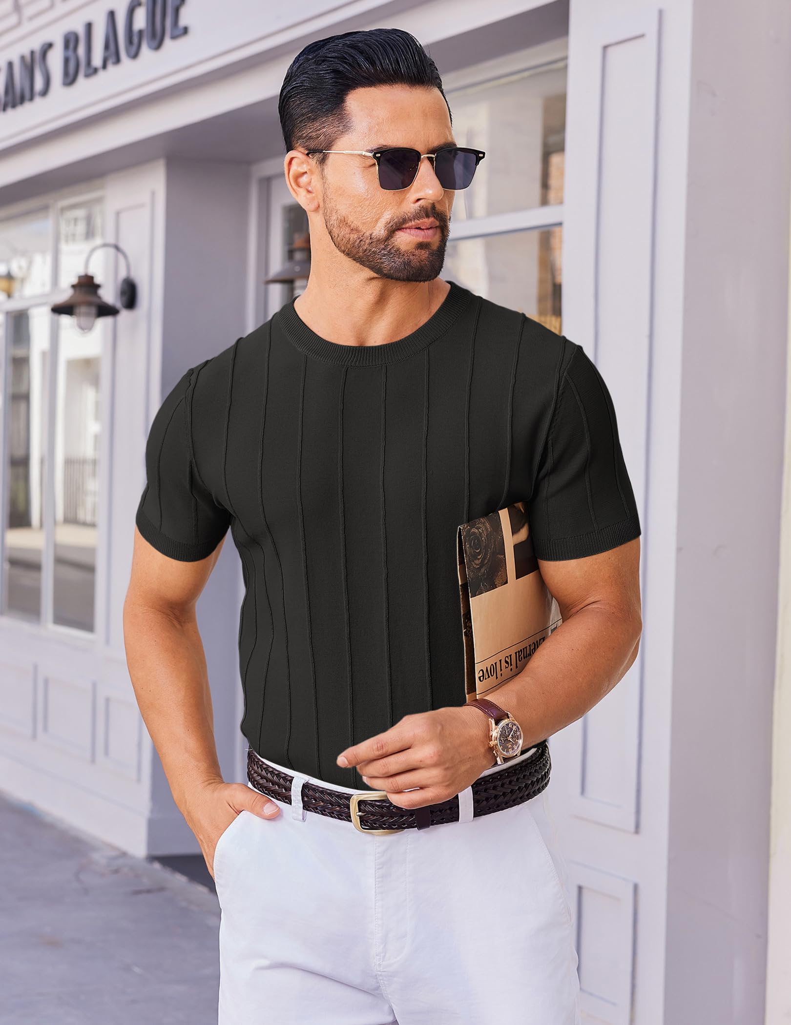 COOFANDY Mens Dress T Shirts Summer Short Sleeve Sweater Shirt Knitted Crewneck Tee Shirt Black