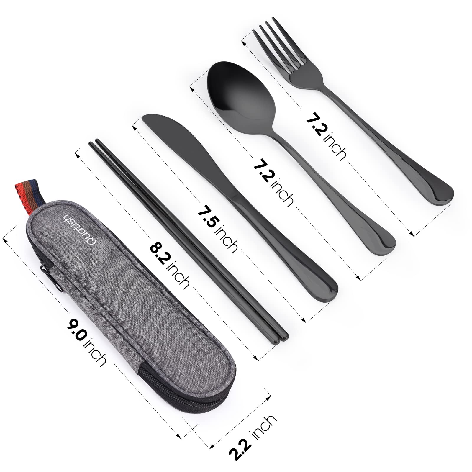 Travel Utensils with Case, Quatish Portable Silverware Set for Work, Stainless Steel Reusable Travel Cutlery Set, Fork and Spoon Set for Camping, Picnic, Gadgets, Lunch Box for Men, Black