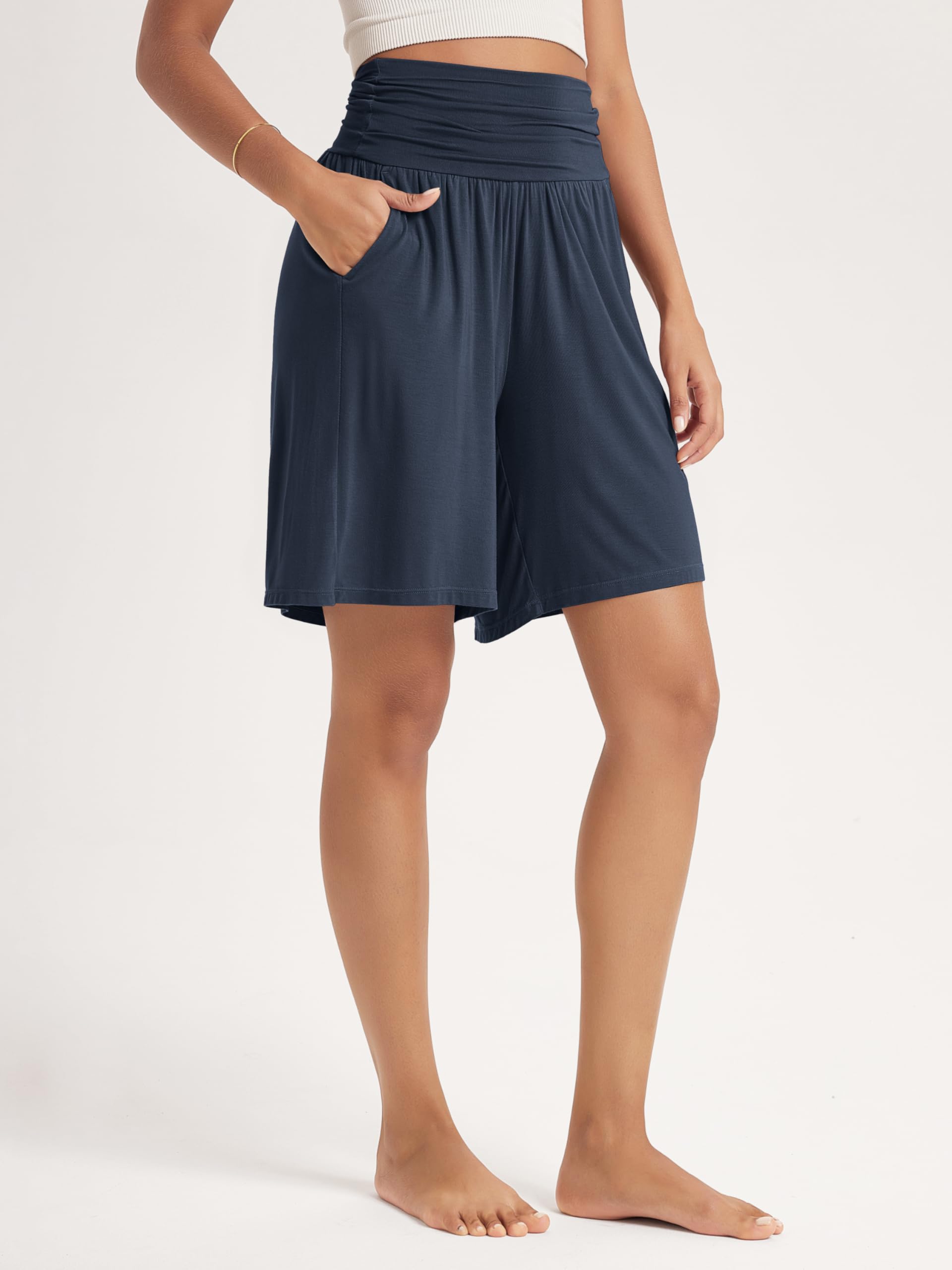 ODODOS Women's Wide Leg Lounge Shorts with Pockets Lightweight Soft Relaxed Casual Pajama Bottom-8" Inseam, Midnight, Large