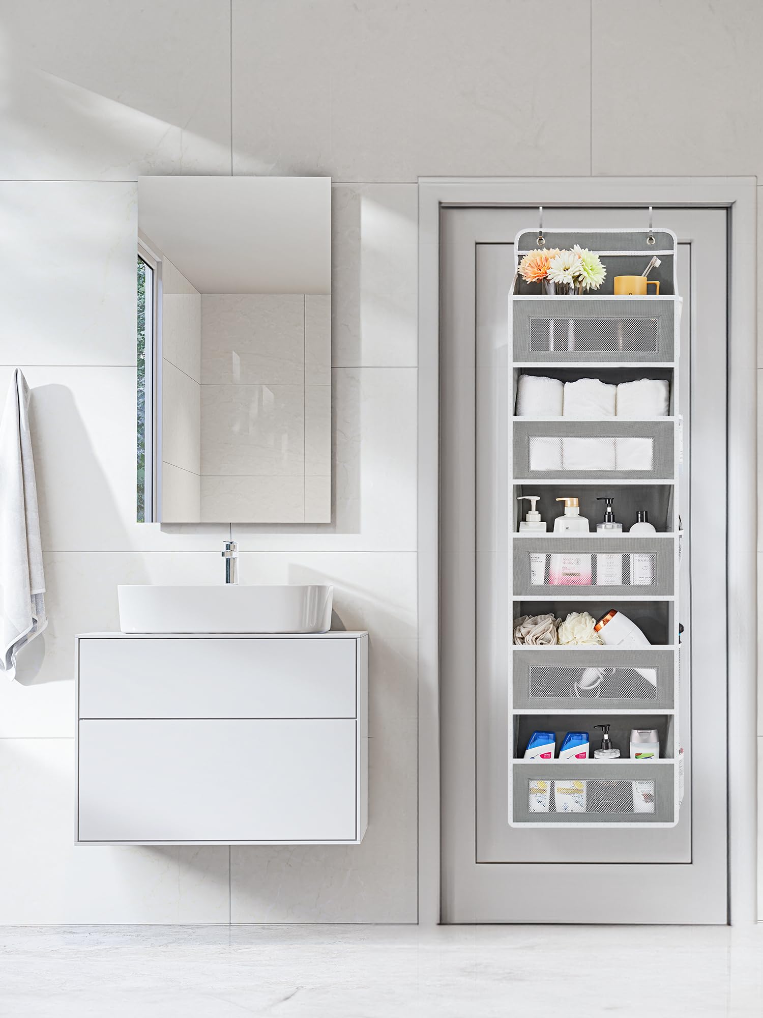 JARLINK Over The Door Organizer Storage, 5 Shelf Hanging Door Organizer with 5 Large Capacity Pockets, Anti Tilt 44 lb Load Behind Door Storage for Bedroom, Bathroom, Pantry, Nursery, (Grey)