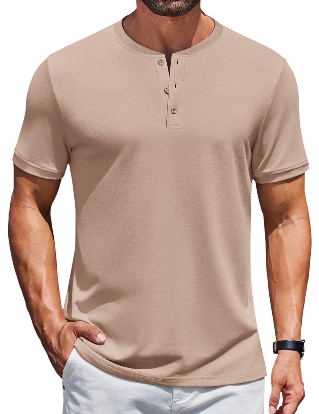 COOFANDY Men's Henley Shirts Short Sleeve Casual Summer Basic Tee Solid Button T-Shirts Light Khaki