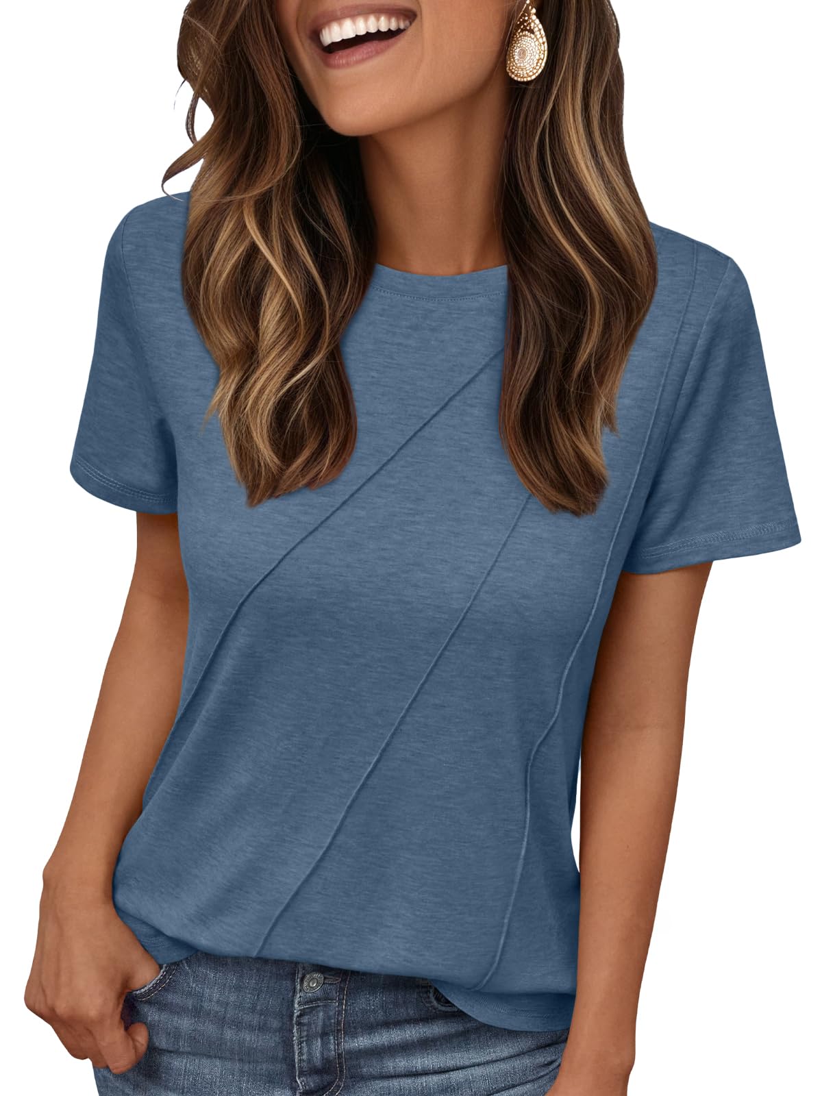 AUTOMET Womens Summer Tops Workout Shirts Beach Vacation Outfits Business Tshirts Dressy Fashion Spring Clothes 2025 Navy L