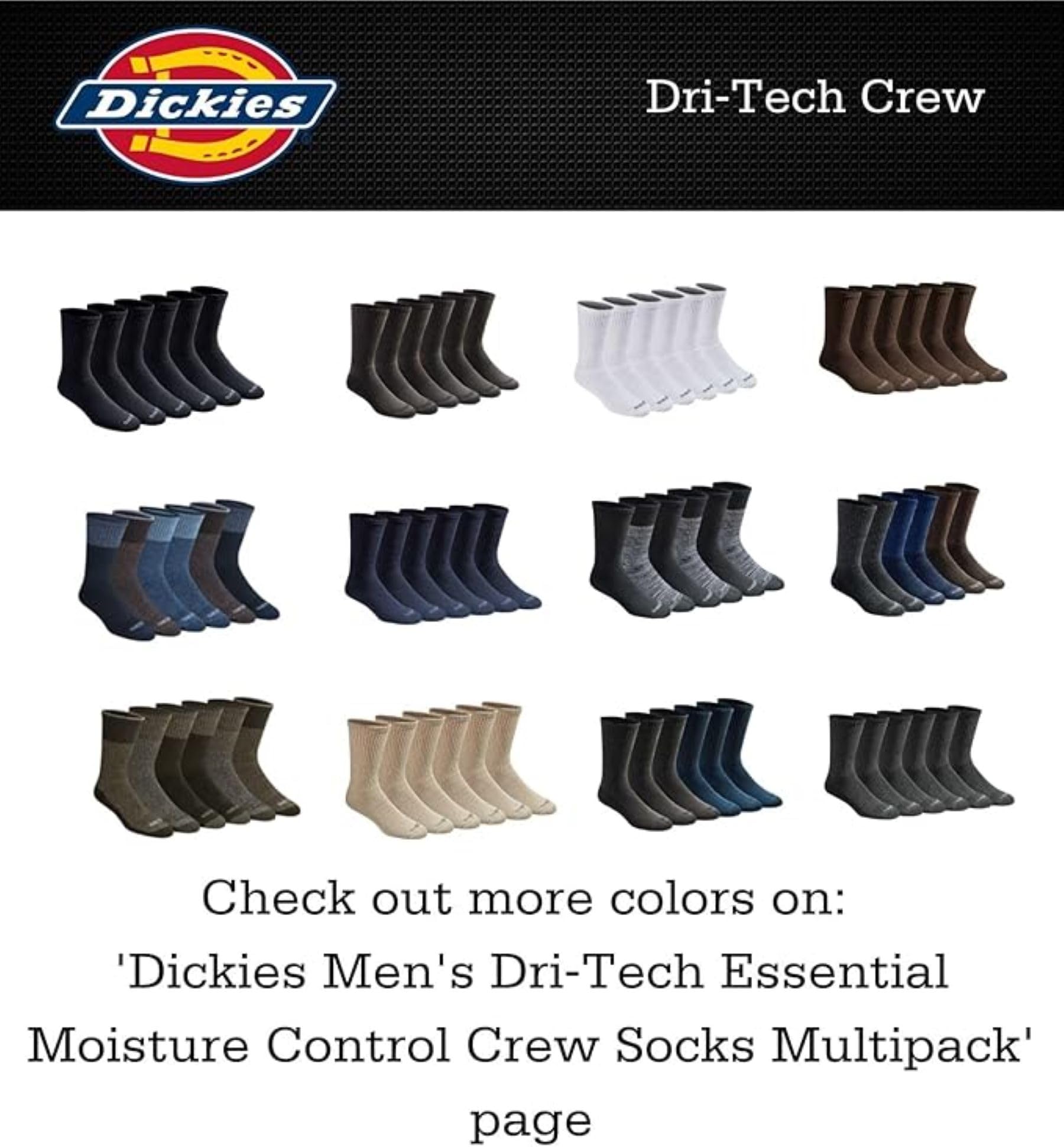 Dickies Men's Dri-Tech Original Moisture Control Crew Socks, Available in M-XXL (6, 12, 18 Pairs), White (6 Pairs), Large