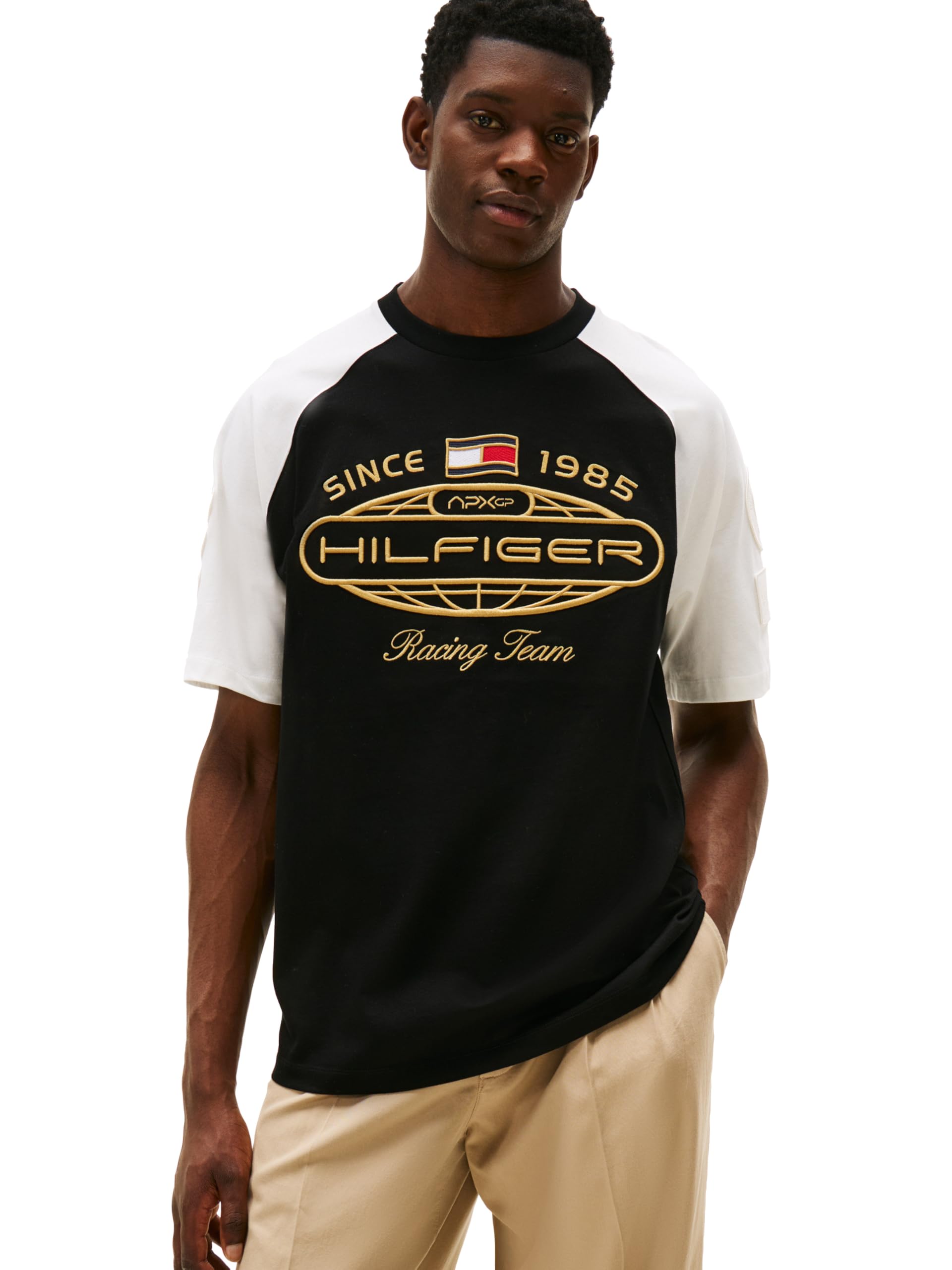 Tommy Hilfiger Mens F1 Grapic Ringer T-Shirt, Black/Ecru Large