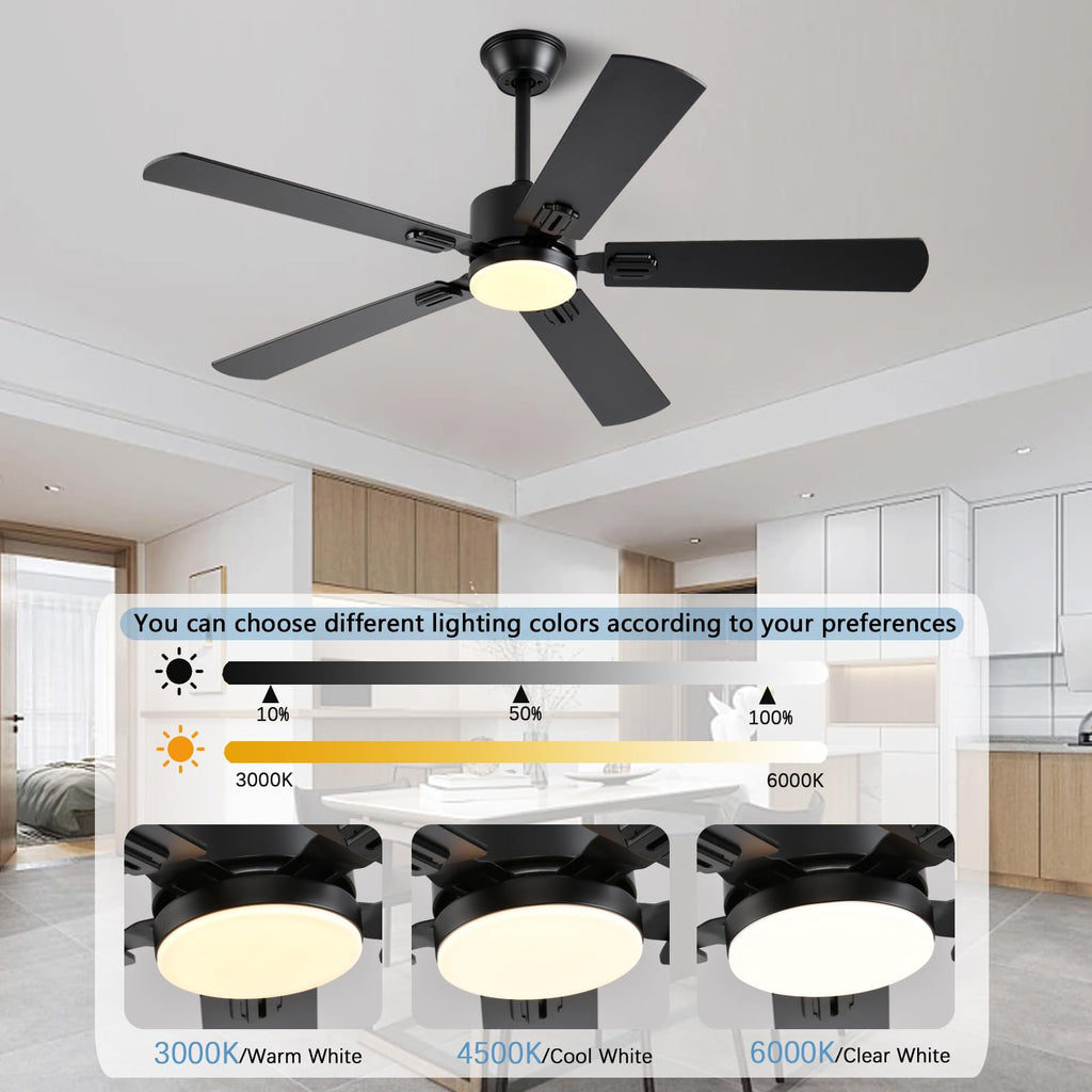 FUMLTP 52 inch Modern Ceiling Fans with Lights APP/Remote Control, Low Profile Reversible 6 Speeds Ceiling Fan Light for Indoor/Outdoor Patio Bedroom Living Room,Black