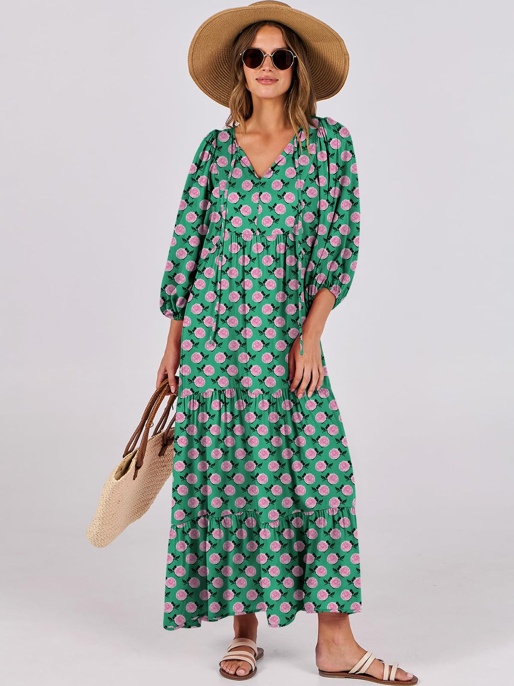 ANRABESS Womens Boho Maxi Dresses 2025 Summer V Neck Puff Sleeve Floral Flowy Swing Fall Casual Long Dress Green Small